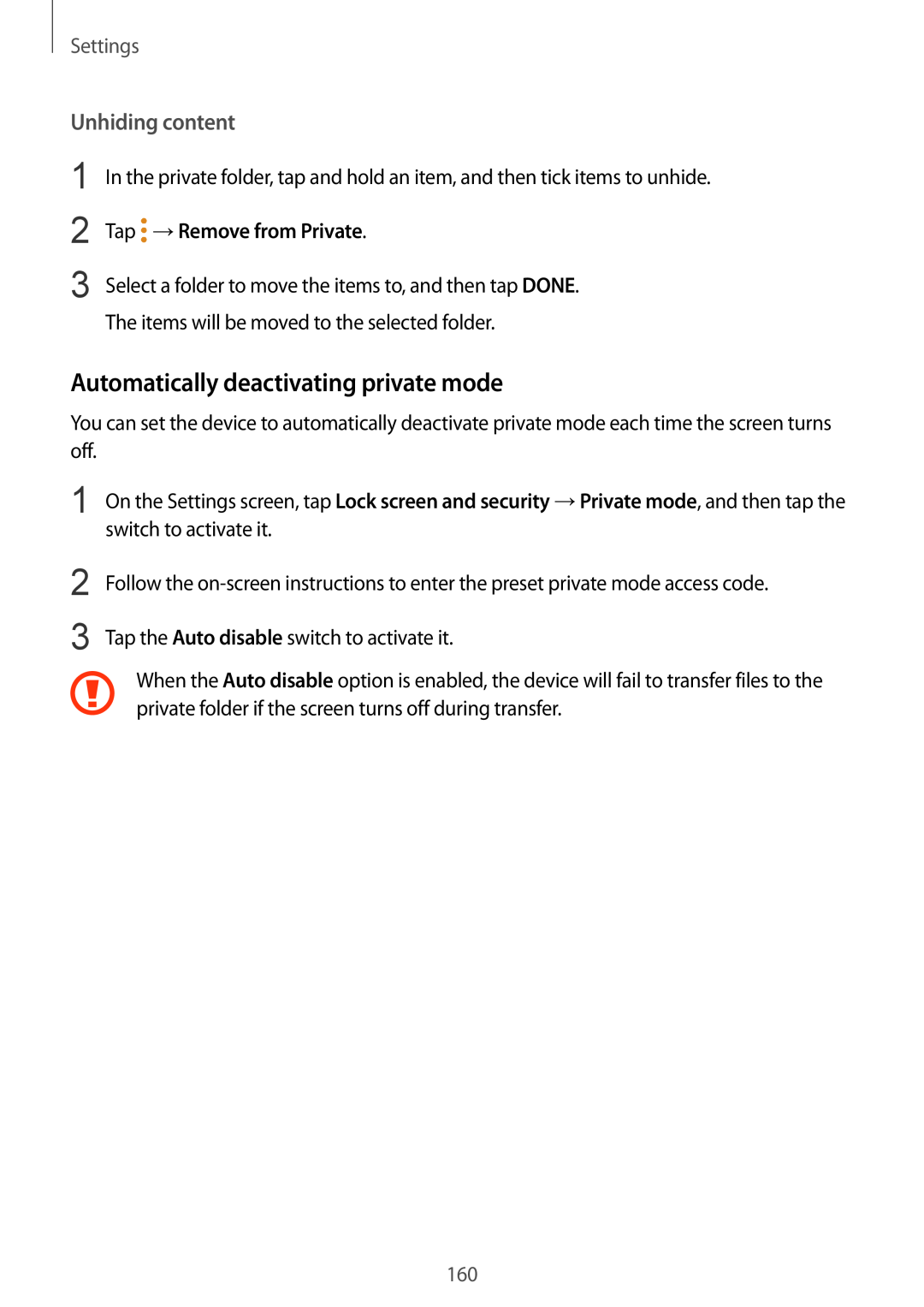 Samsung SM-G928FZKANEE manual Automatically deactivating private mode, Unhiding content, Tap →Remove from Private, Settings 