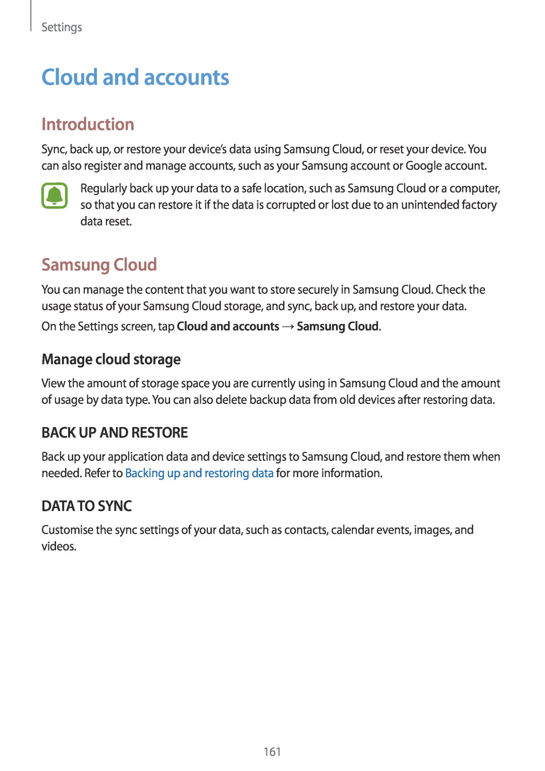 Samsung SM-G925FZKANEE manual Cloud and accounts, Samsung Cloud, Manage cloud storage, Back Up And Restore, Data To Sync 