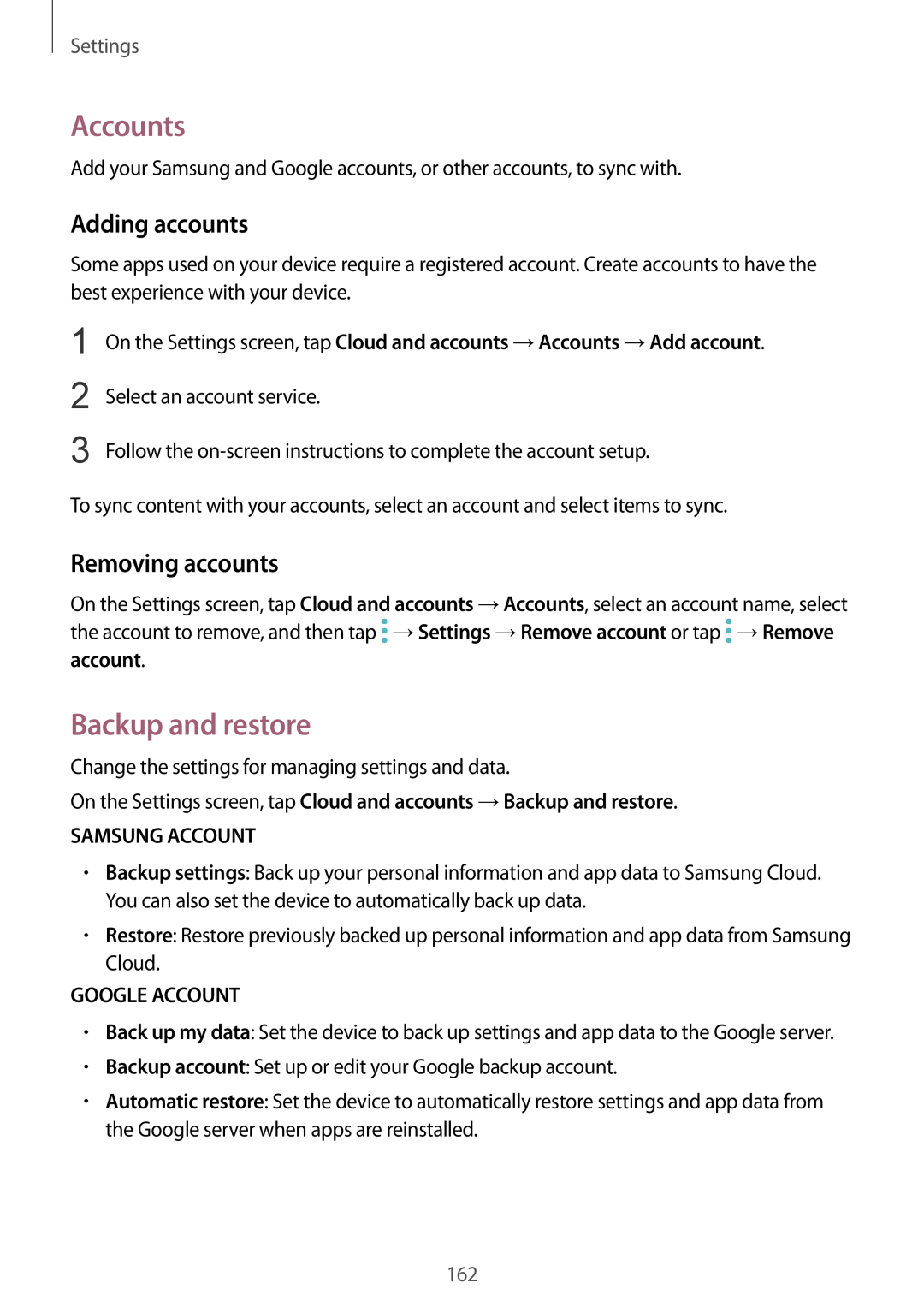 Samsung SM-G928FZKASEB Accounts, Backup and restore, Adding accounts, Removing accounts, Samsung Account, Google Account 
