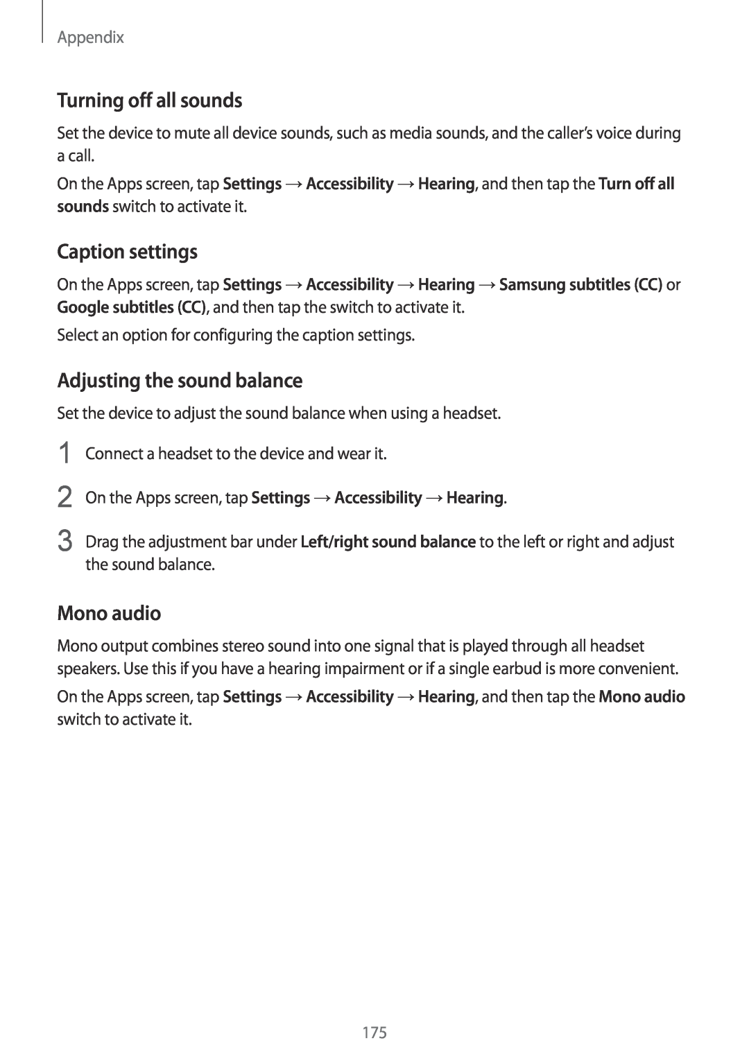 Samsung SM-G925FZDAEUR manual Turning off all sounds, Caption settings, Adjusting the sound balance, Mono audio, Appendix 