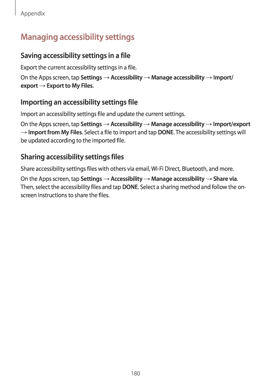 Samsung SM-G925FZDEVGR, SM-G925FZKADBT Managing accessibility settings, Saving accessibility settings in a file, Appendix 