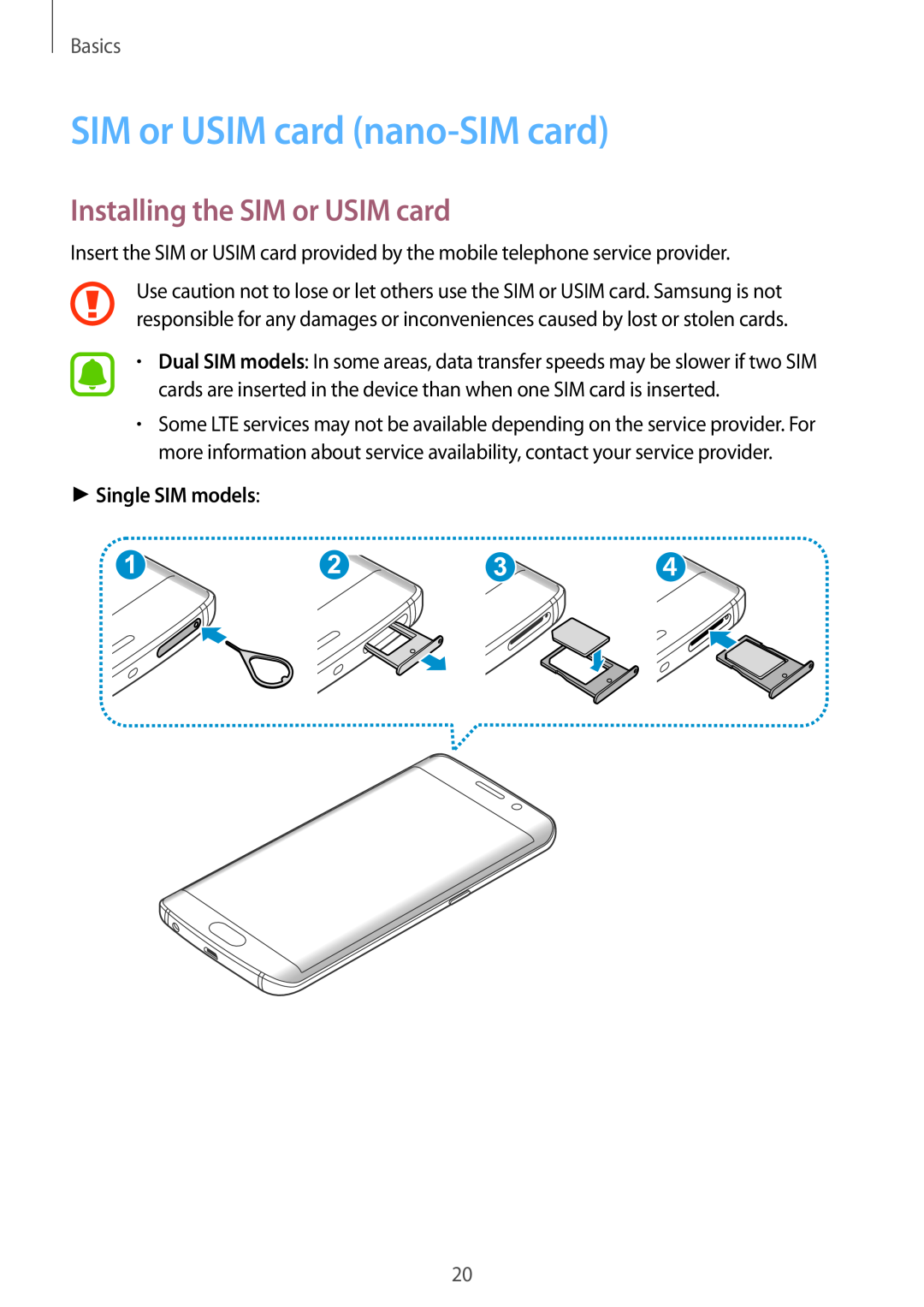 Samsung SM-G925FZDFXEF manual SIM or USIM card nano-SIM card, Installing the SIM or USIM card, Single SIM models, Basics 