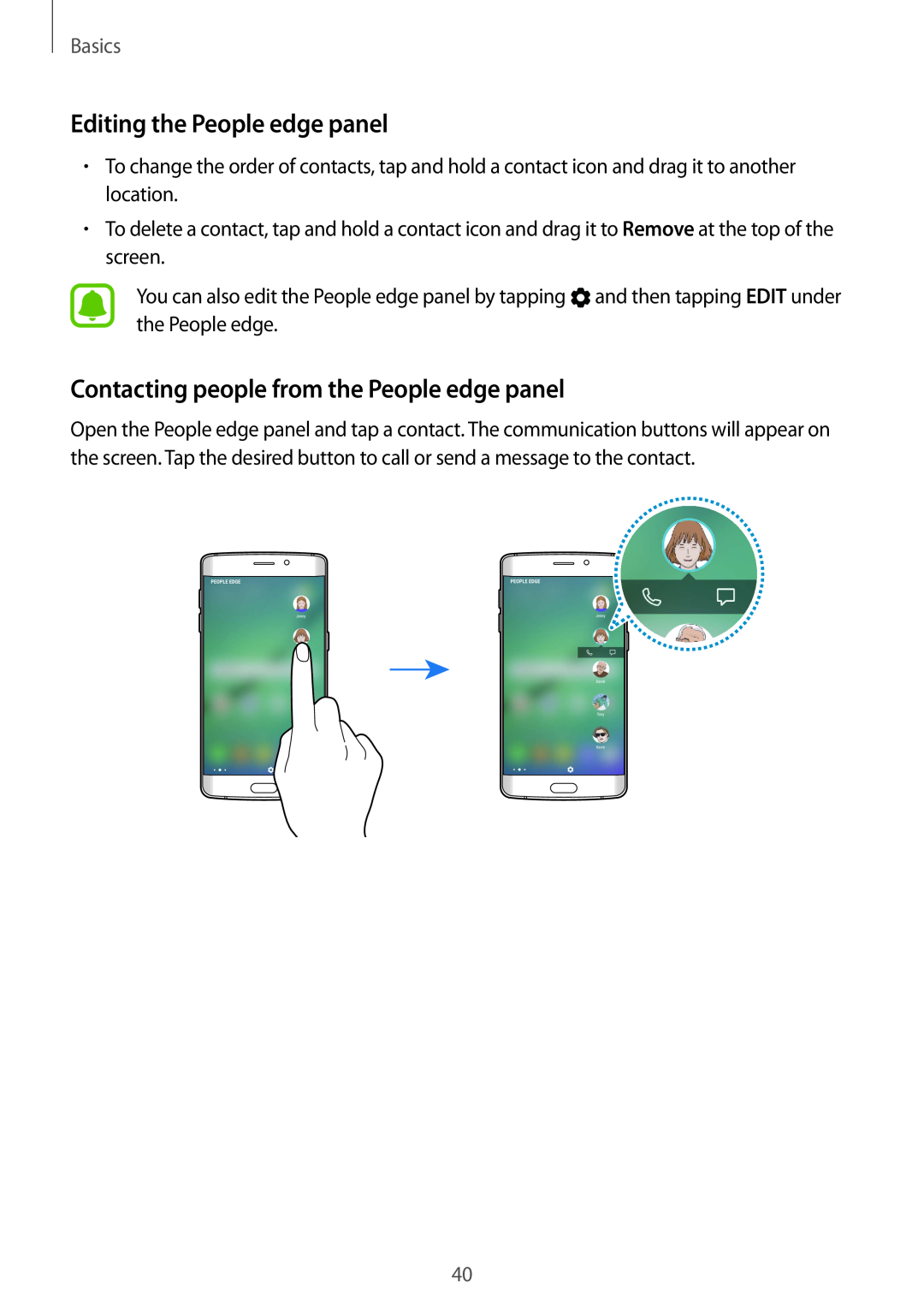 Samsung SM-G928FZDEPHE, SM-G925FZKADBT Editing the People edge panel, Contacting people from the People edge panel, Basics 