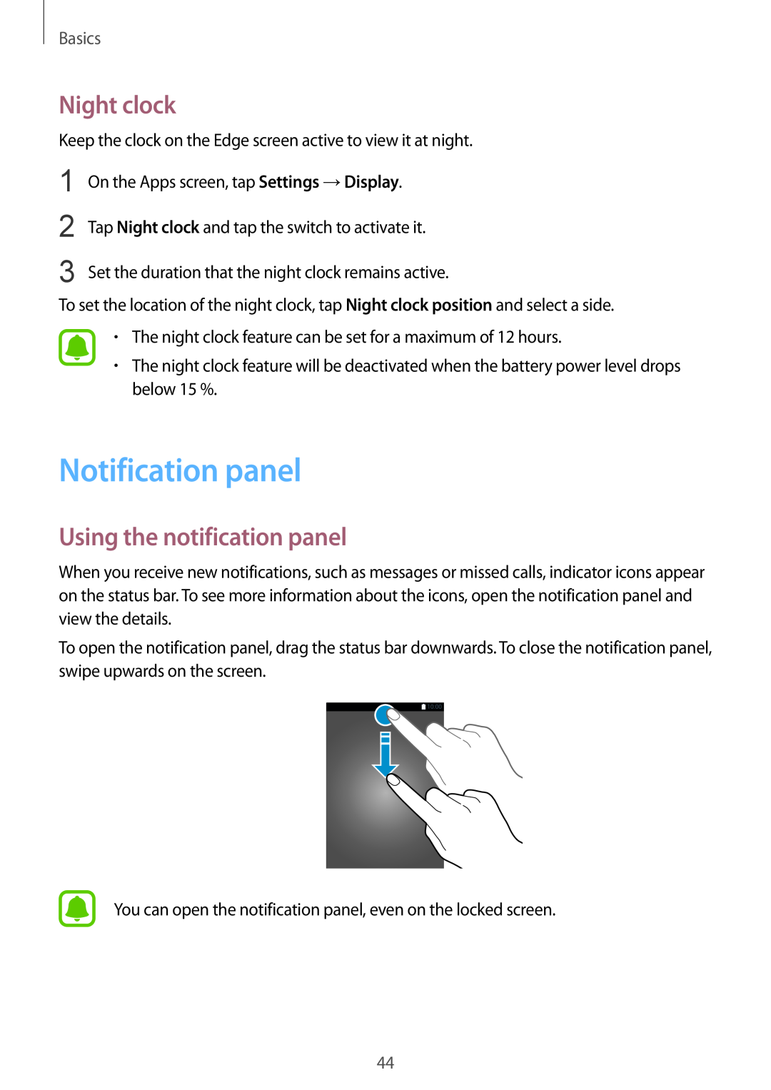 Samsung SM-G925FZWFPHE, SM-G925FZKADBT manual Notification panel, Night clock, Using the notification panel, Basics 