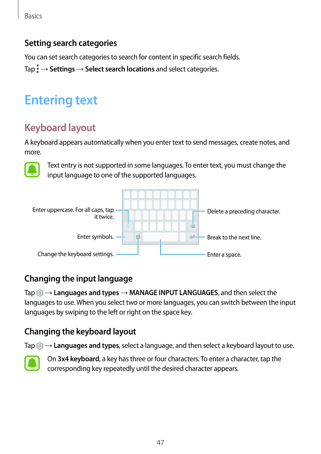 Samsung SM-G925FZGAPHE Entering text, Keyboard layout, Setting search categories, Changing the input language, Basics 
