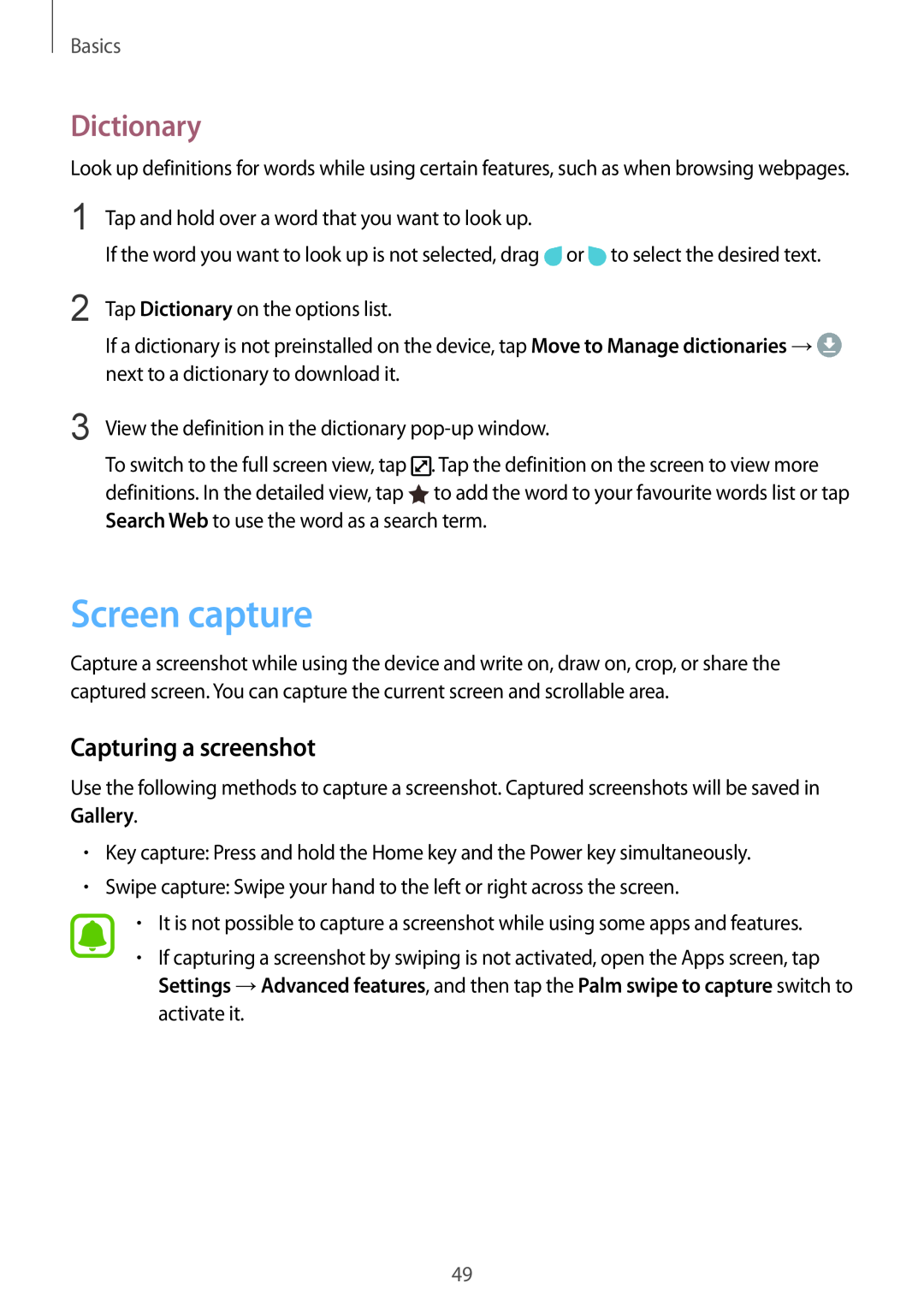 Samsung SM-G928FZSAPHE, SM-G925FZKADBT, SM-G925FZWEDBT manual Screen capture, Dictionary, Capturing a screenshot, Basics 