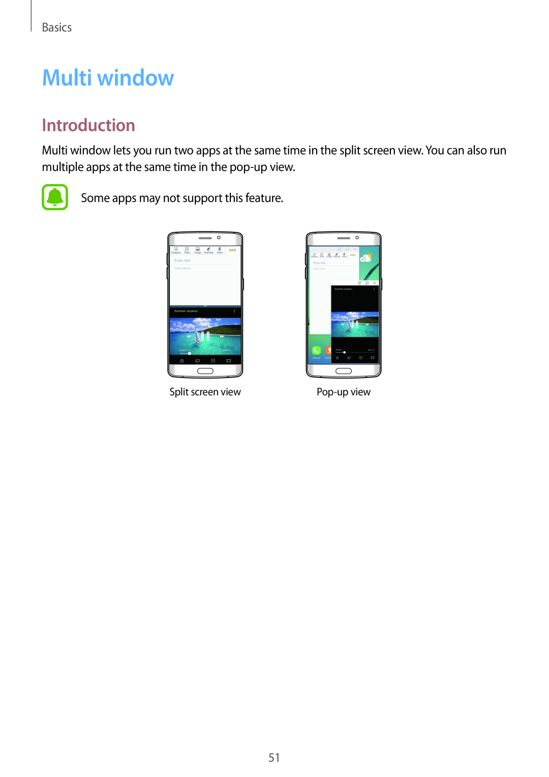 Samsung SM-G928FZKAPHE, SM-G925FZKADBT, SM-G925FZWEDBT Multi window, Introduction, Basics, Split screen view, Pop-up view 