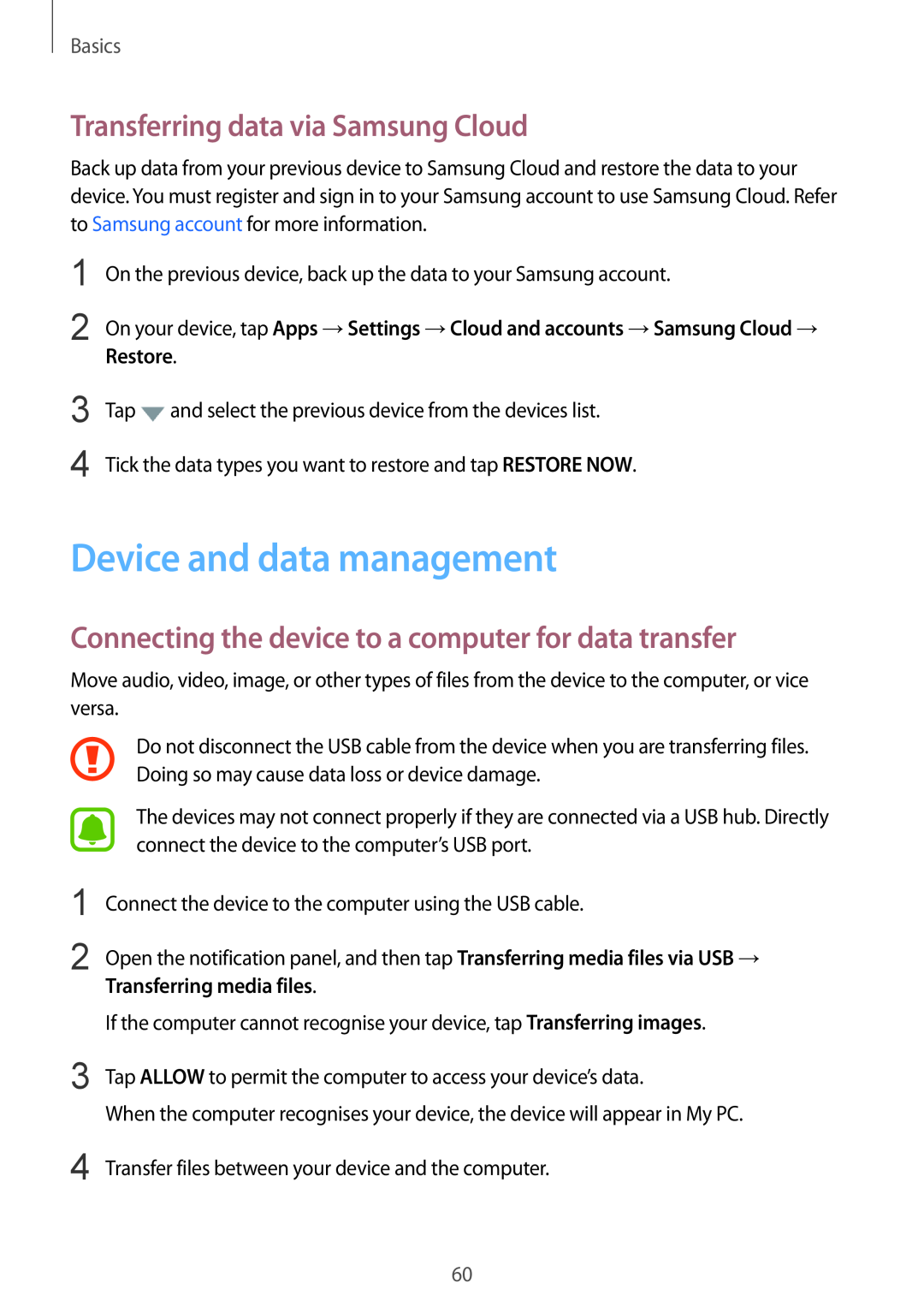 Samsung SM-G928CZSAKSA, SM-G925FZKADBT manual Device and data management, Transferring data via Samsung Cloud, Basics 