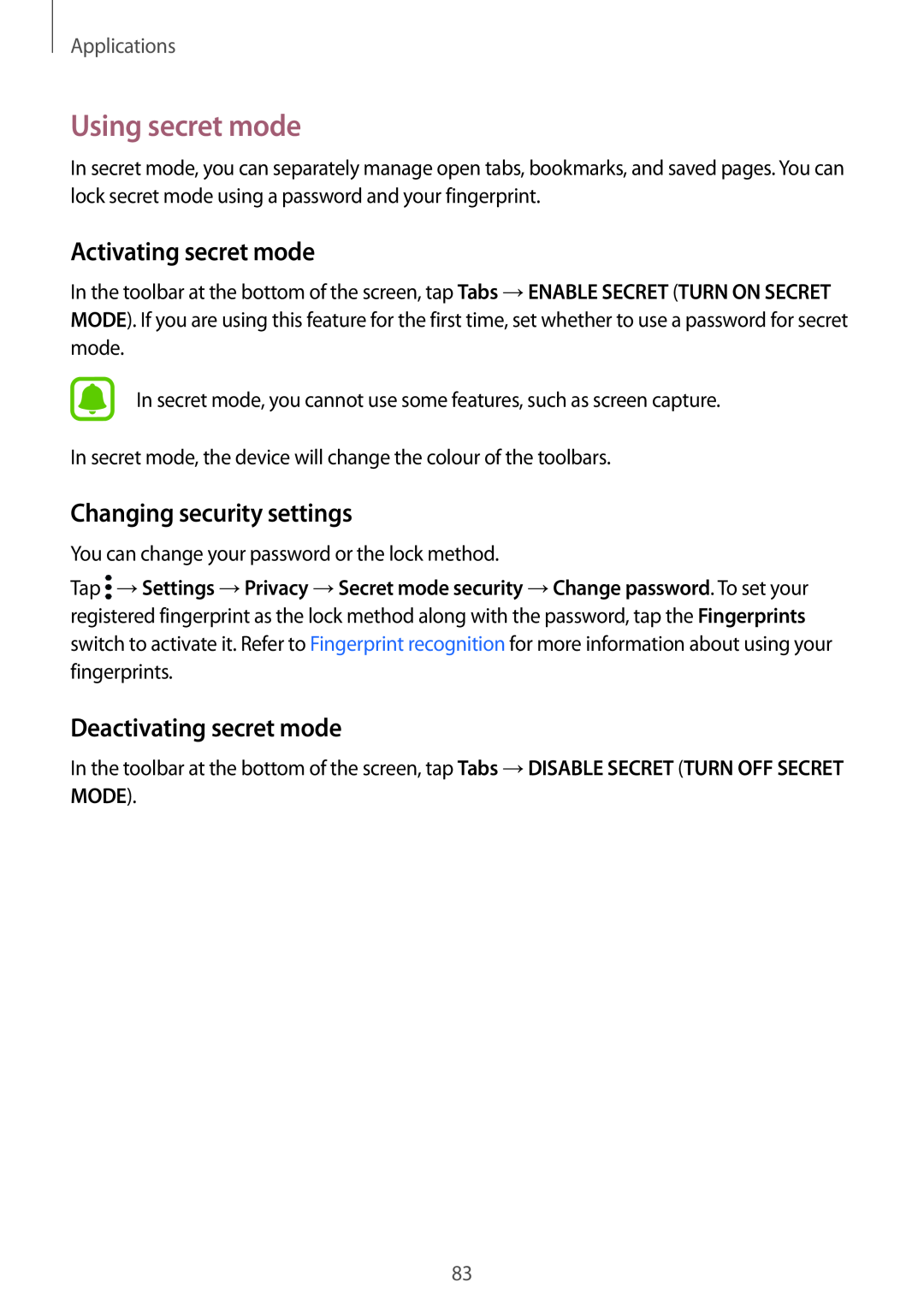 Samsung SM-G928FZKAMTL Using secret mode, Activating secret mode, Changing security settings, Deactivating secret mode 