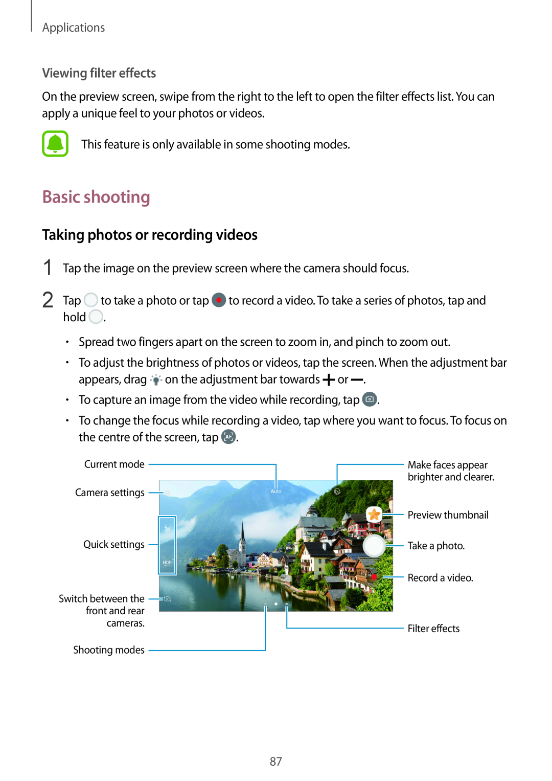 Samsung SM2G928FZKAETL manual Basic shooting, Taking photos or recording videos, Viewing filter effects, Applications 