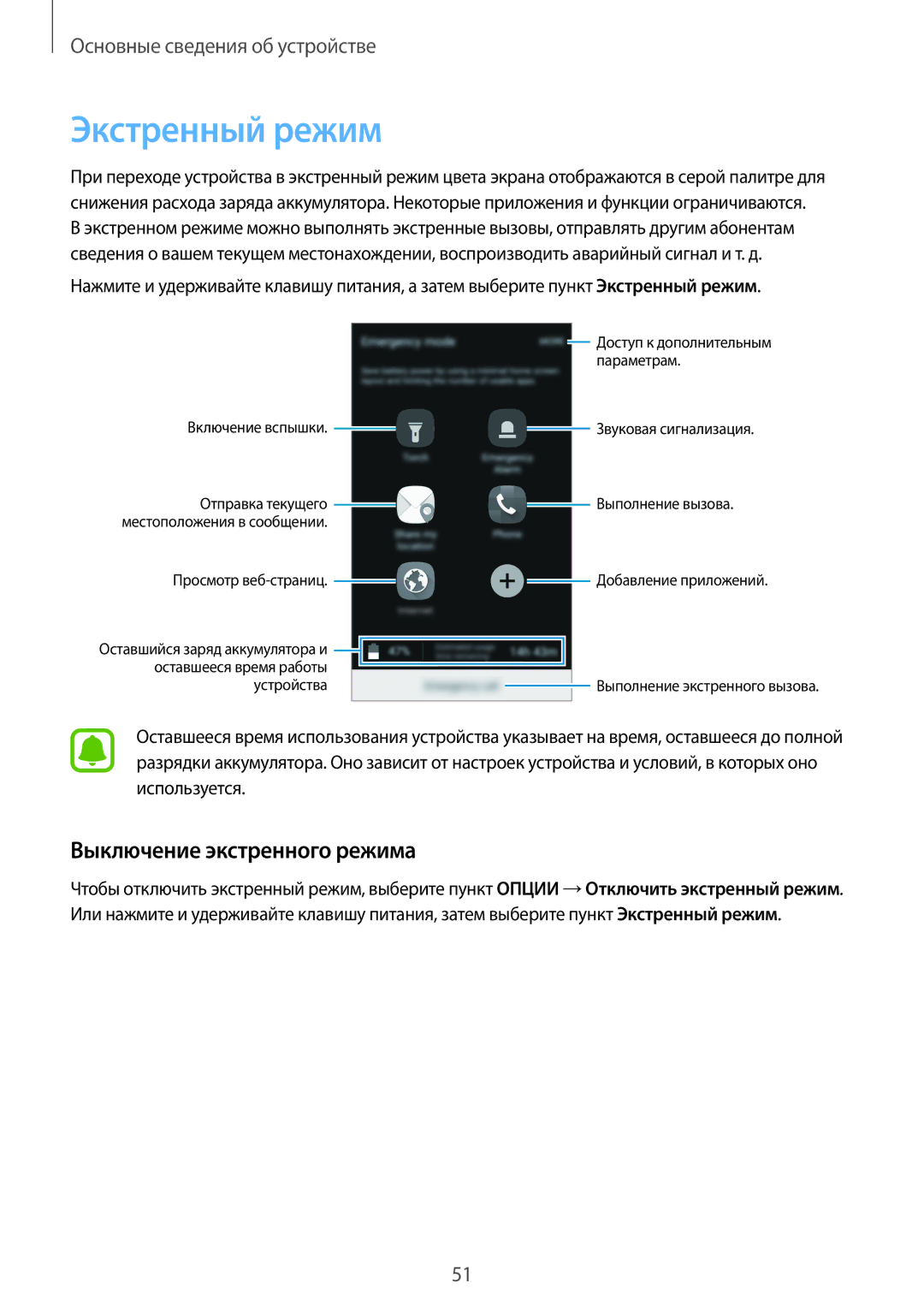 Samsung SM-G925FZKASER, SM-G925FZKASEB, SM-G925FZGASER, SM-G925FZWASER manual Экстренный режим, Выключение экстренного режима 