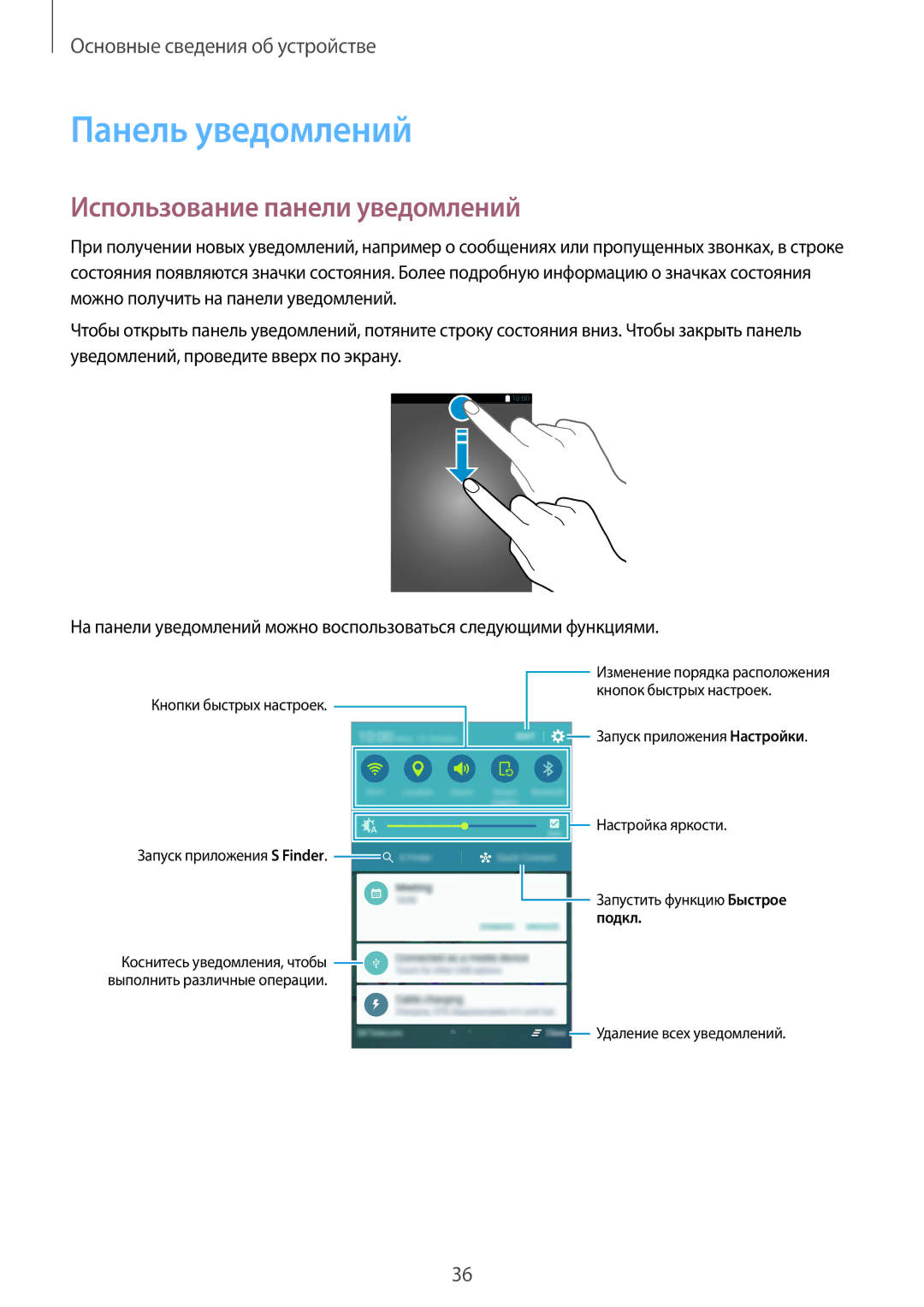 Samsung SM-G925FZKASEB, SM-G925FZGASER, SM-G925FZWASER, SM-G925FZKASER Панель уведомлений, Использование панели уведомлений 