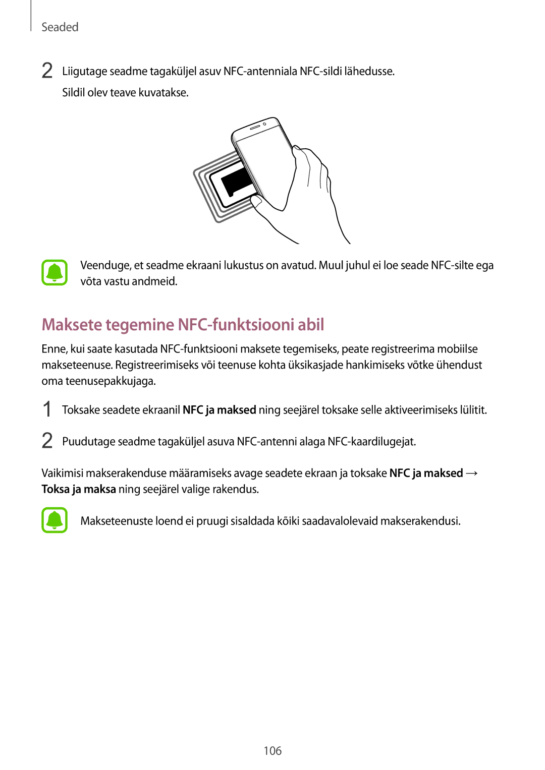 Samsung SM-G925FZKASEB manual Maksete tegemine NFC-funktsiooni abil 