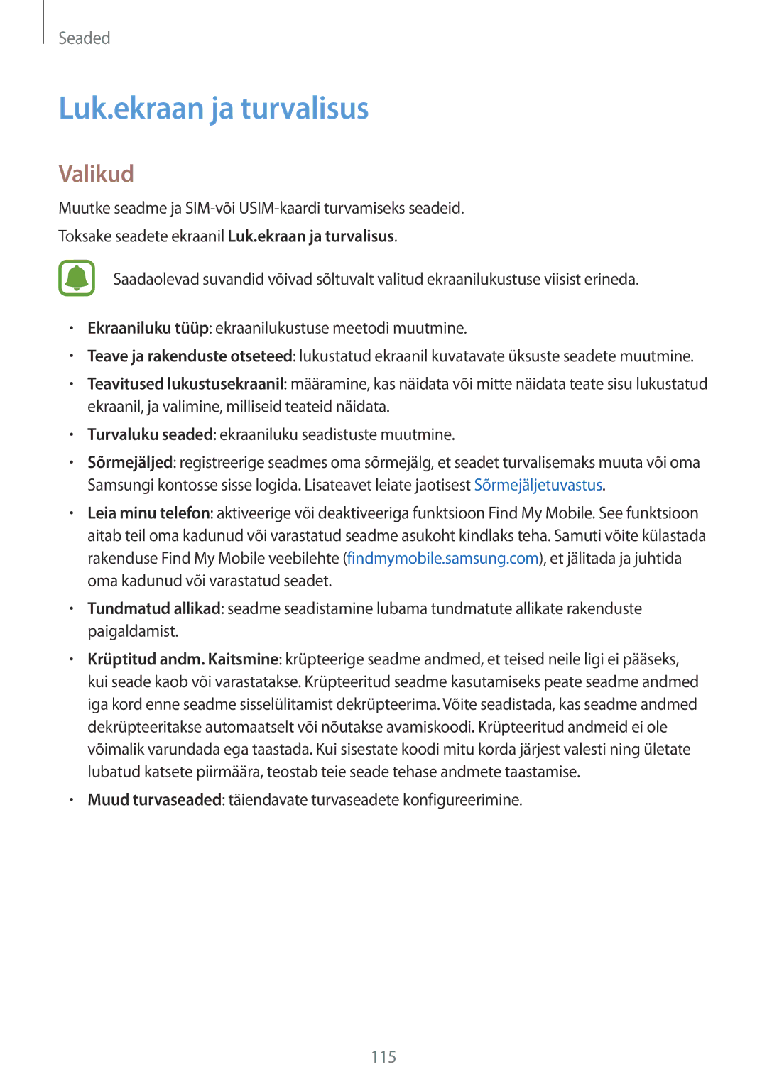 Samsung SM-G925FZKASEB manual Luk.ekraan ja turvalisus, Valikud 