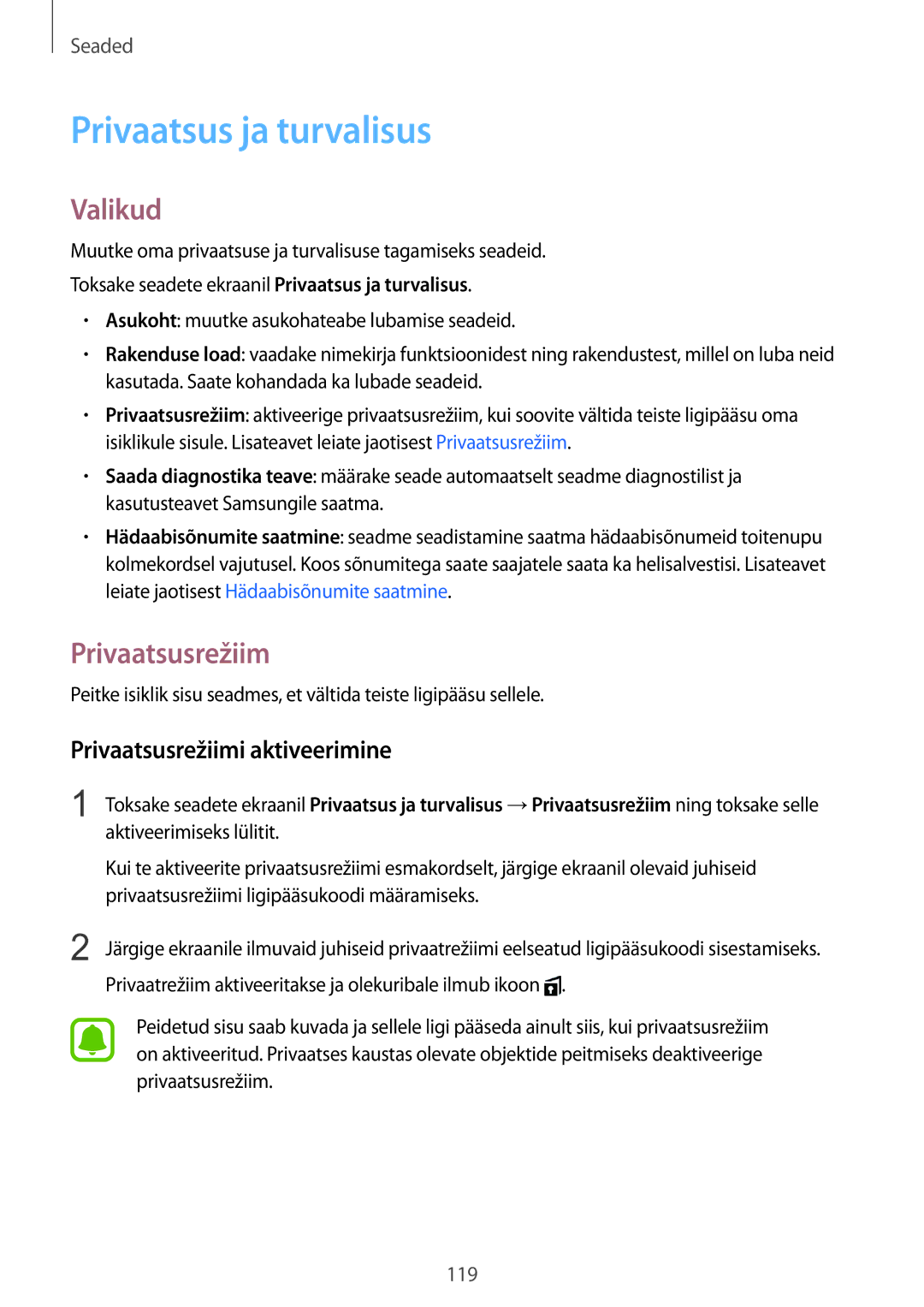 Samsung SM-G925FZKASEB manual Privaatsus ja turvalisus, Privaatsusrežiimi aktiveerimine 