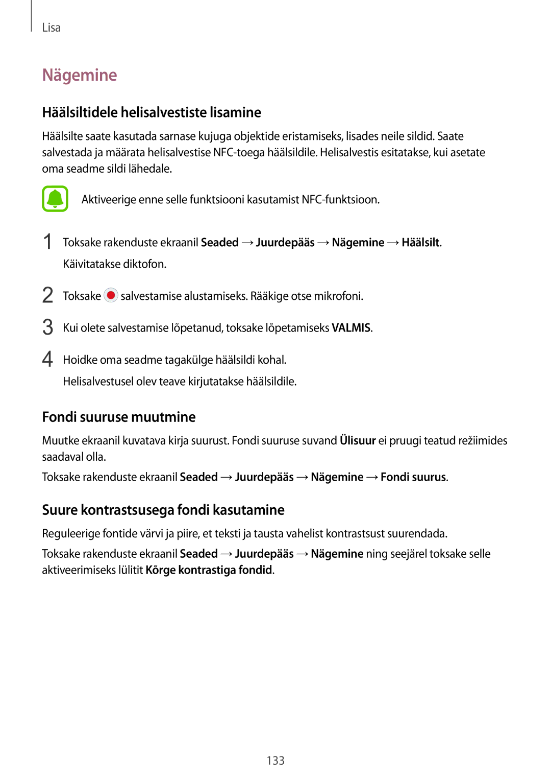 Samsung SM-G925FZKASEB manual Nägemine, Häälsiltidele helisalvestiste lisamine, Fondi suuruse muutmine 