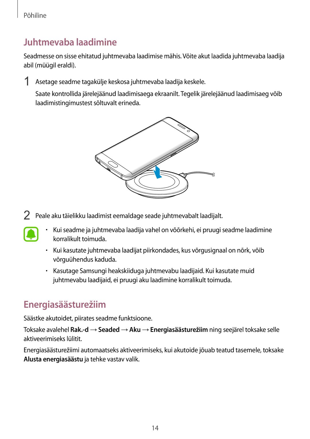 Samsung SM-G925FZKASEB manual Juhtmevaba laadimine, Energiasäästurežiim 