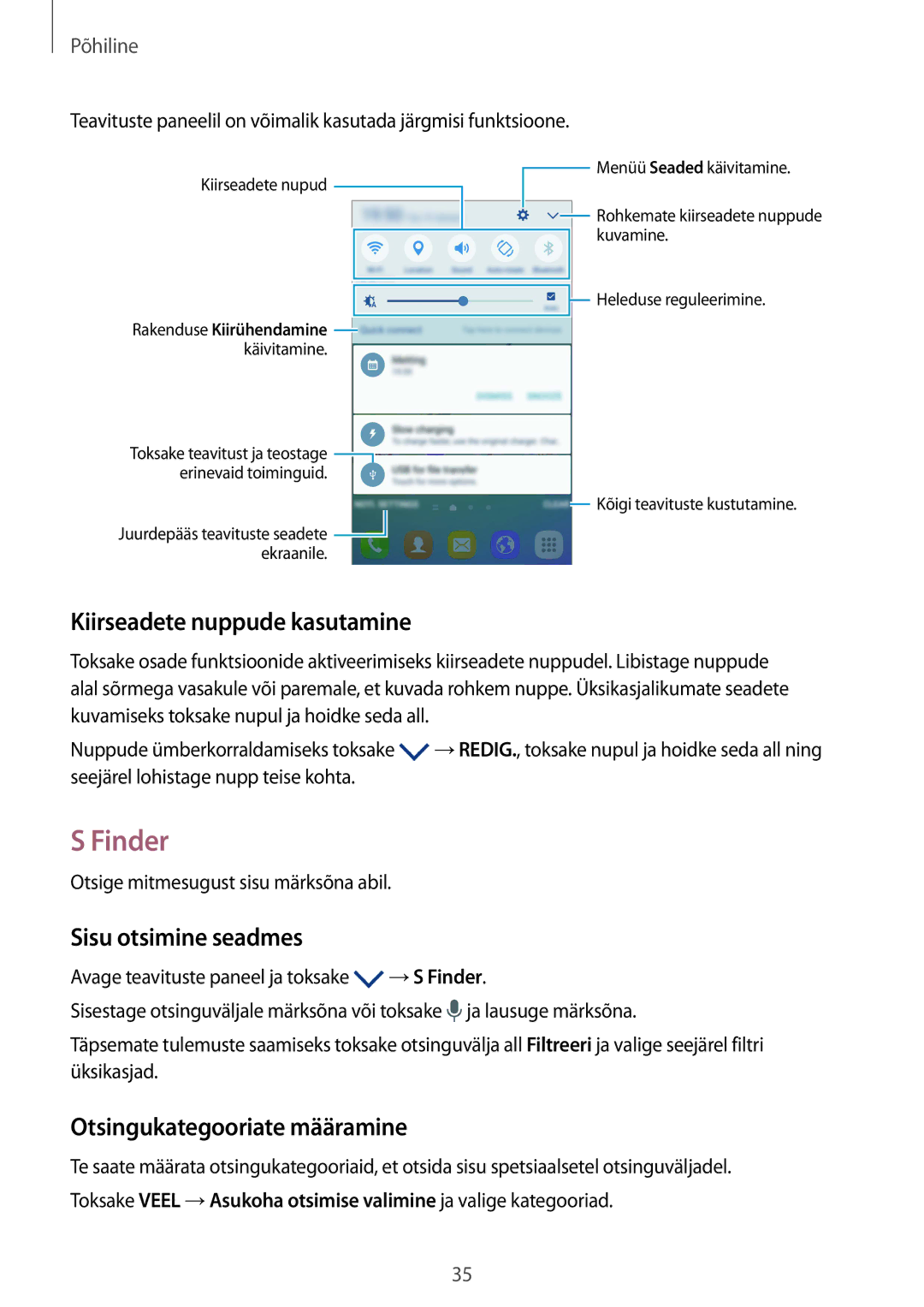 Samsung SM-G925FZKASEB manual Finder, Kiirseadete nuppude kasutamine, Sisu otsimine seadmes, Otsingukategooriate määramine 