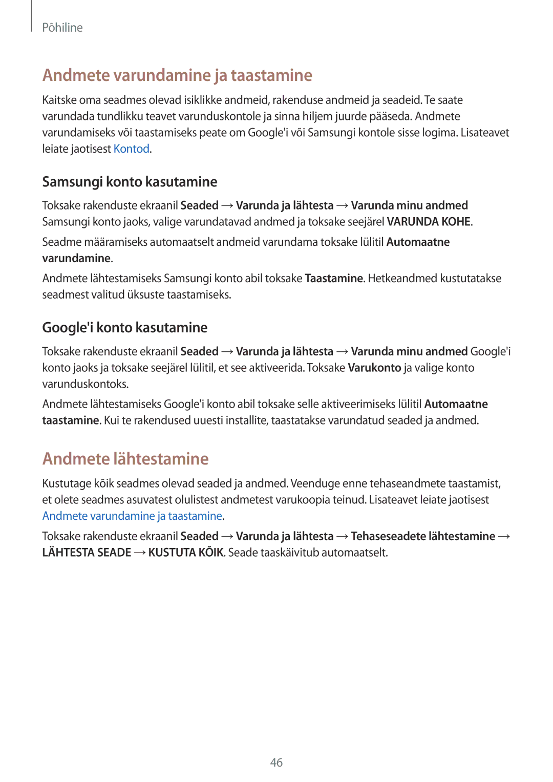 Samsung SM-G925FZKASEB manual Andmete varundamine ja taastamine, Andmete lähtestamine, Samsungi konto kasutamine 