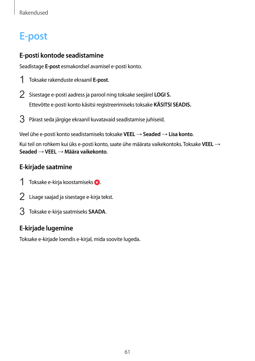 Samsung SM-G925FZKASEB manual Posti kontode seadistamine, Kirjade saatmine, Kirjade lugemine 