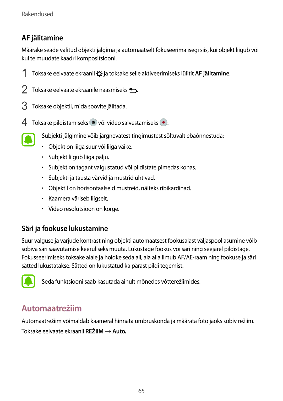 Samsung SM-G925FZKASEB manual Automaatrežiim, AF jälitamine, Säri ja fookuse lukustamine 