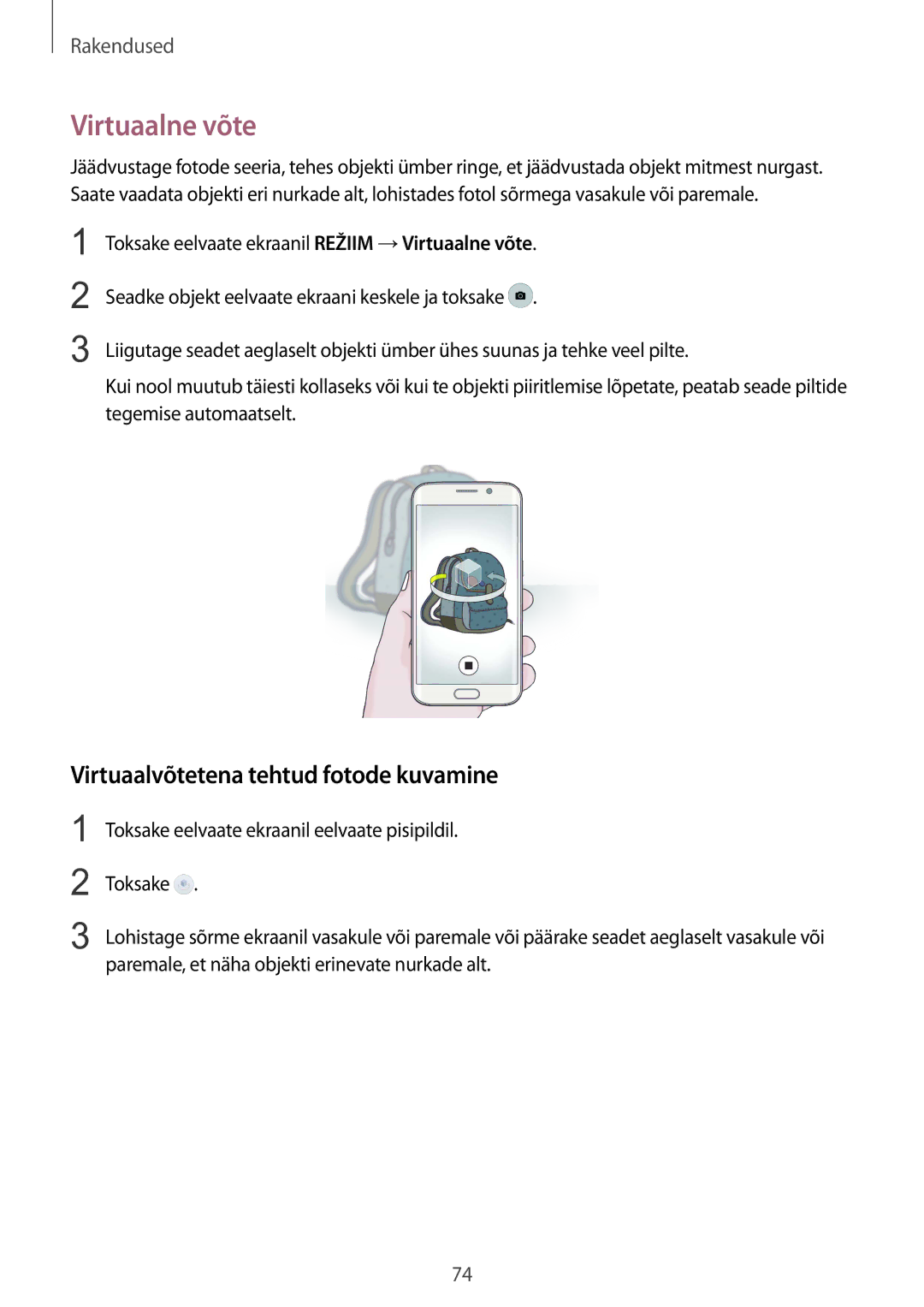 Samsung SM-G925FZKASEB manual Virtuaalne võte, Virtuaalvõtetena tehtud fotode kuvamine 