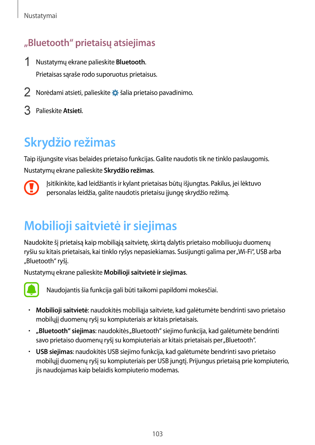 Samsung SM-G925FZKASEB manual Skrydžio režimas, Mobilioji saitvietė ir siejimas, „Bluetooth prietaisų atsiejimas 