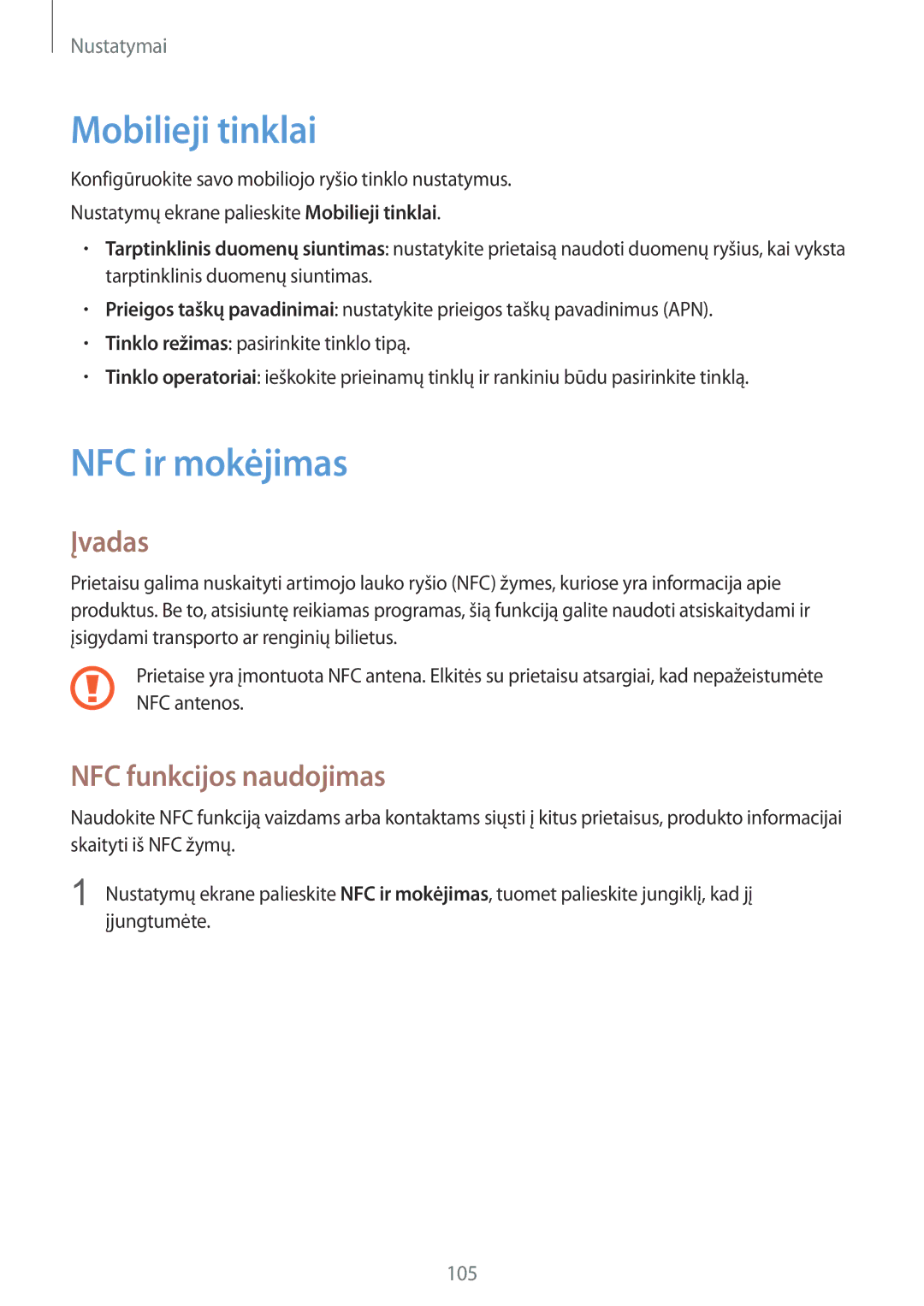 Samsung SM-G925FZKASEB manual Mobilieji tinklai, NFC ir mokėjimas, NFC funkcijos naudojimas 