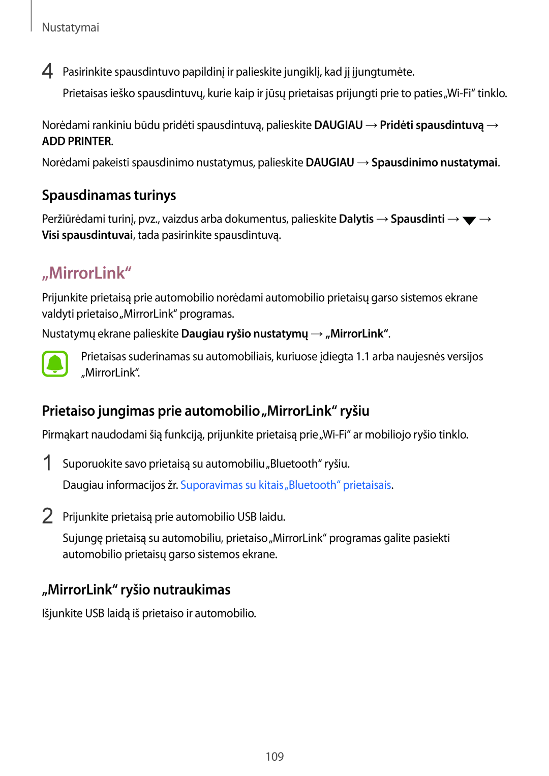 Samsung SM-G925FZKASEB manual Spausdinamas turinys, Prietaiso jungimas prie automobilio„MirrorLink ryšiu 