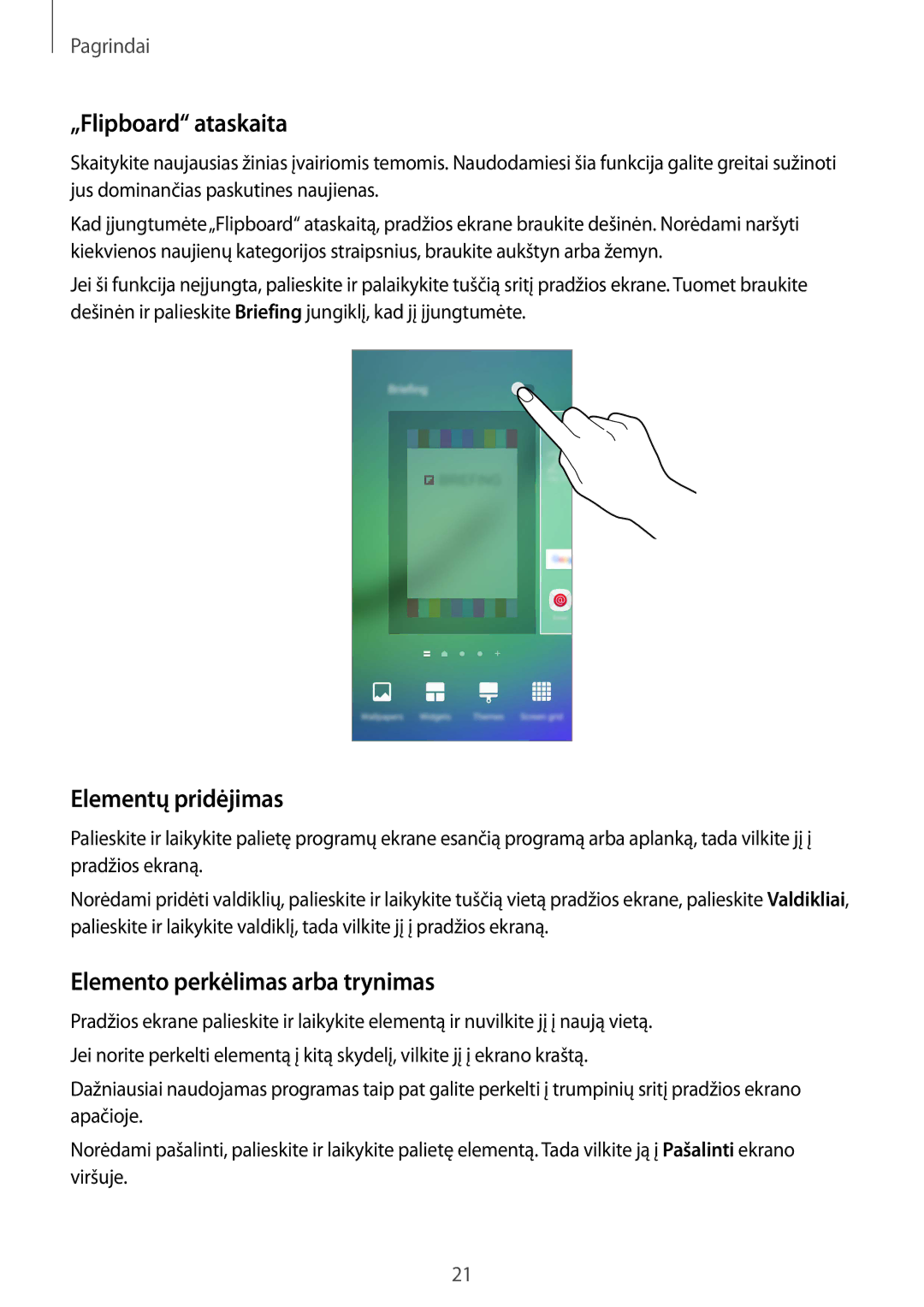 Samsung SM-G925FZKASEB manual „Flipboard ataskaita, Elementų pridėjimas, Elemento perkėlimas arba trynimas 