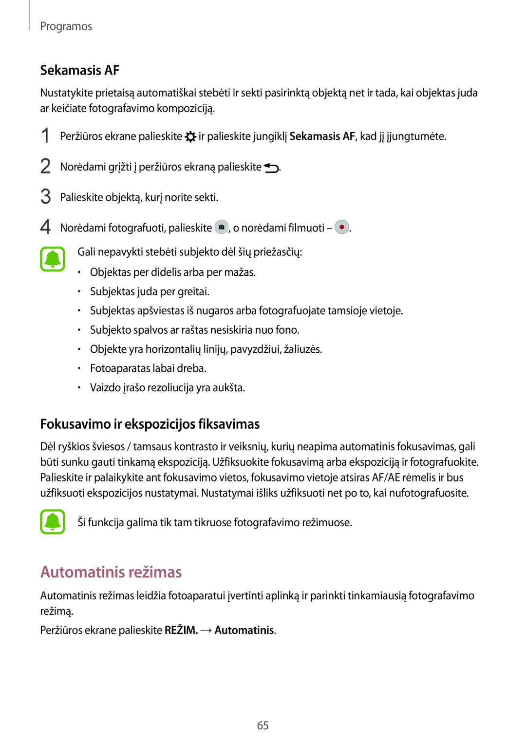 Samsung SM-G925FZKASEB manual Automatinis režimas, Sekamasis AF, Fokusavimo ir ekspozicijos fiksavimas 