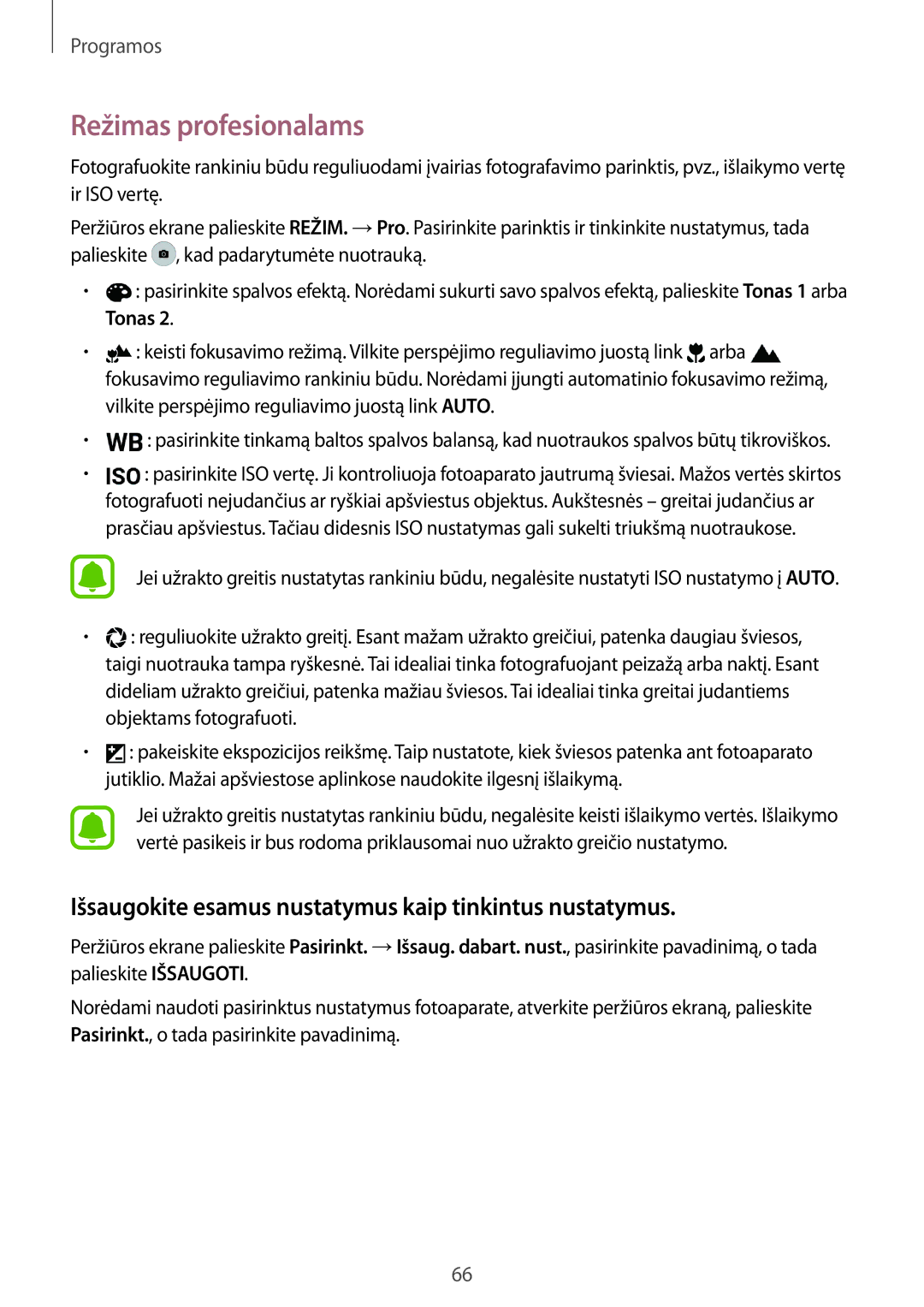 Samsung SM-G925FZKASEB manual Režimas profesionalams, Išsaugokite esamus nustatymus kaip tinkintus nustatymus, Tonas 