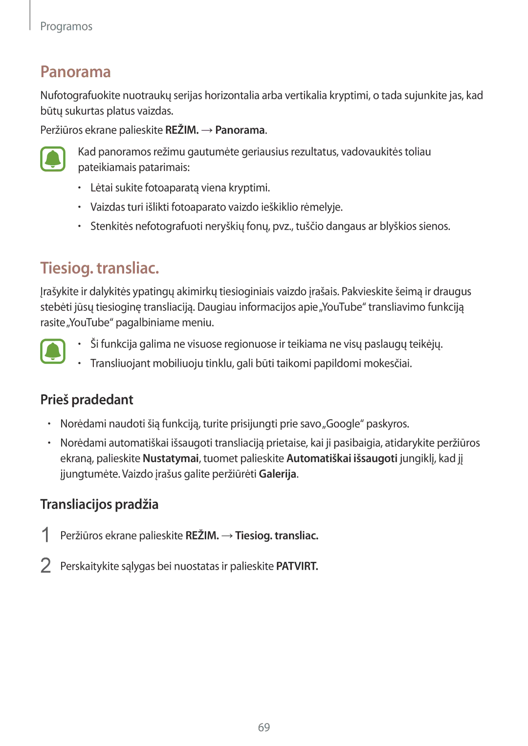 Samsung SM-G925FZKASEB manual Panorama, Tiesiog. transliac, Prieš pradedant, Transliacijos pradžia 