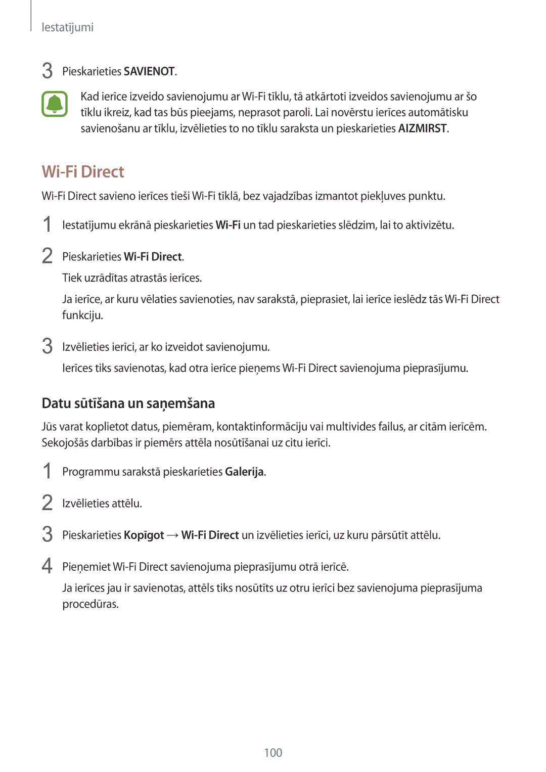 Samsung SM-G925FZKASEB manual Wi-Fi Direct, Datu sūtīšana un saņemšana, Pieskarieties Savienot 