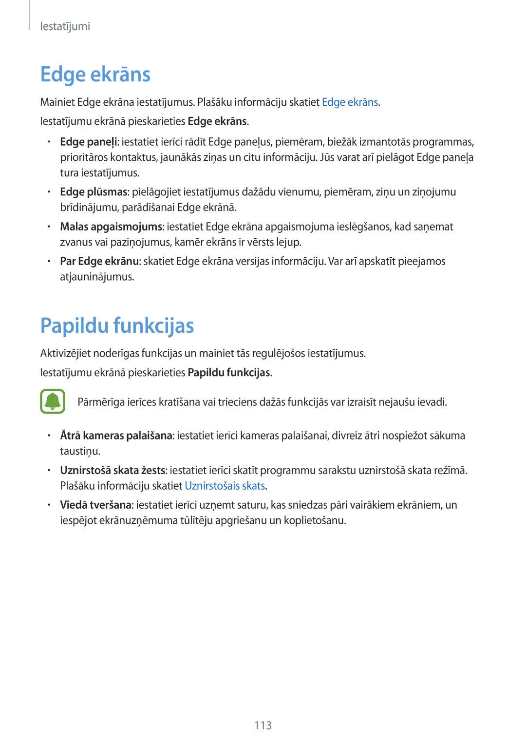 Samsung SM-G925FZKASEB manual Edge ekrāns, Papildu funkcijas 