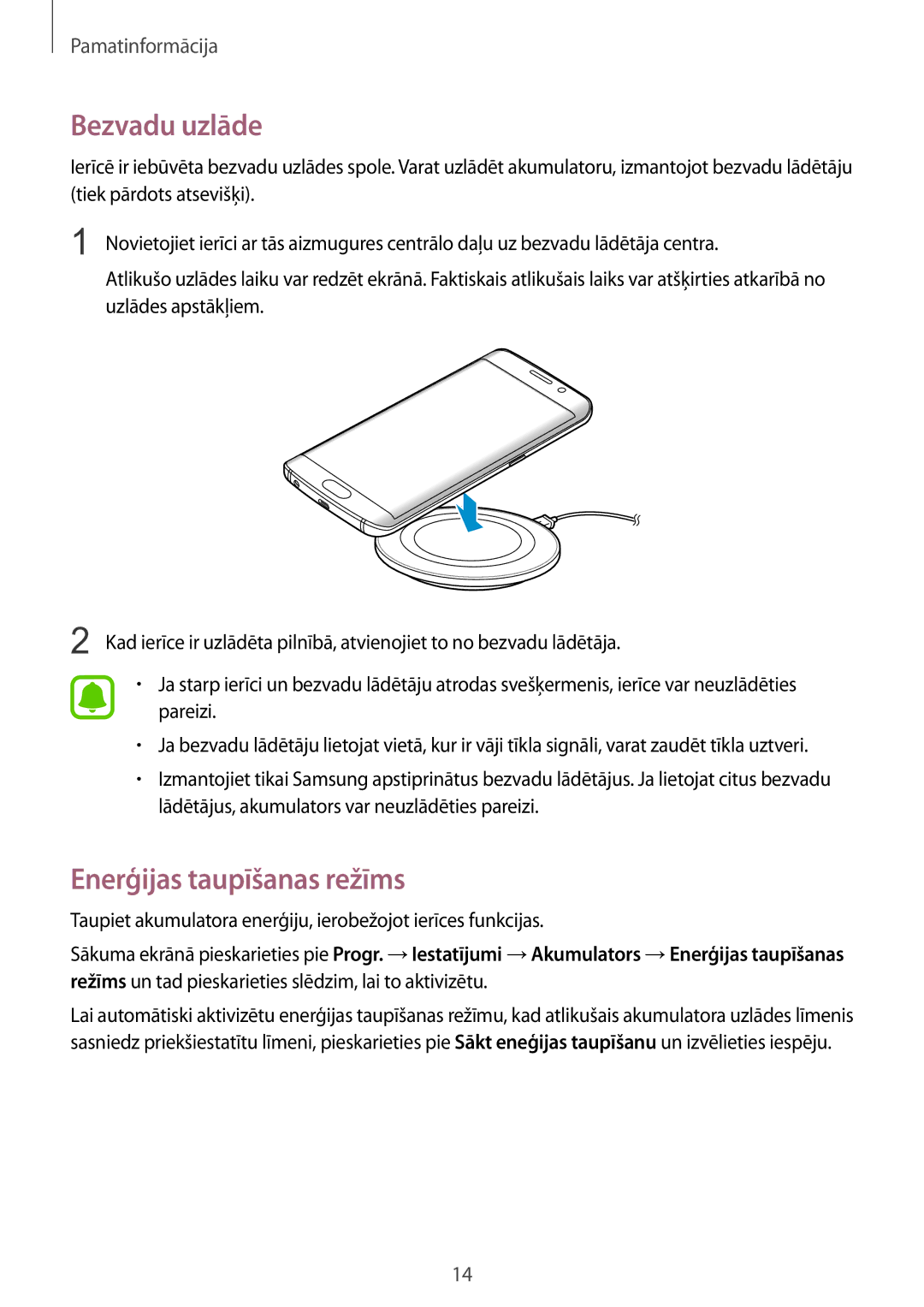 Samsung SM-G925FZKASEB manual Bezvadu uzlāde, Enerģijas taupīšanas režīms 