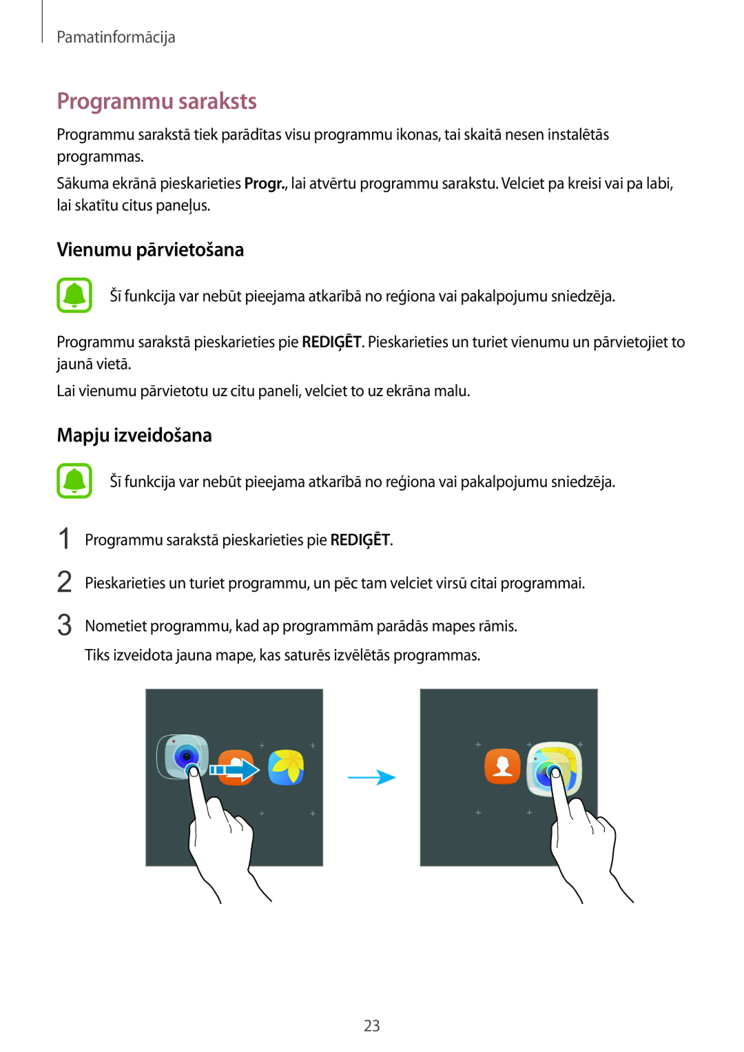 Samsung SM-G925FZKASEB manual Programmu saraksts, Vienumu pārvietošana 