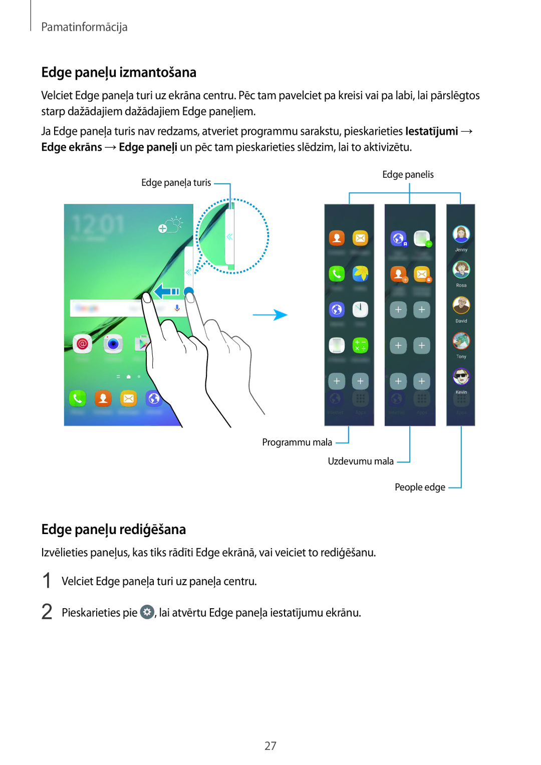 Samsung SM-G925FZKASEB manual Edge paneļu izmantošana, Edge paneļu rediģēšana 