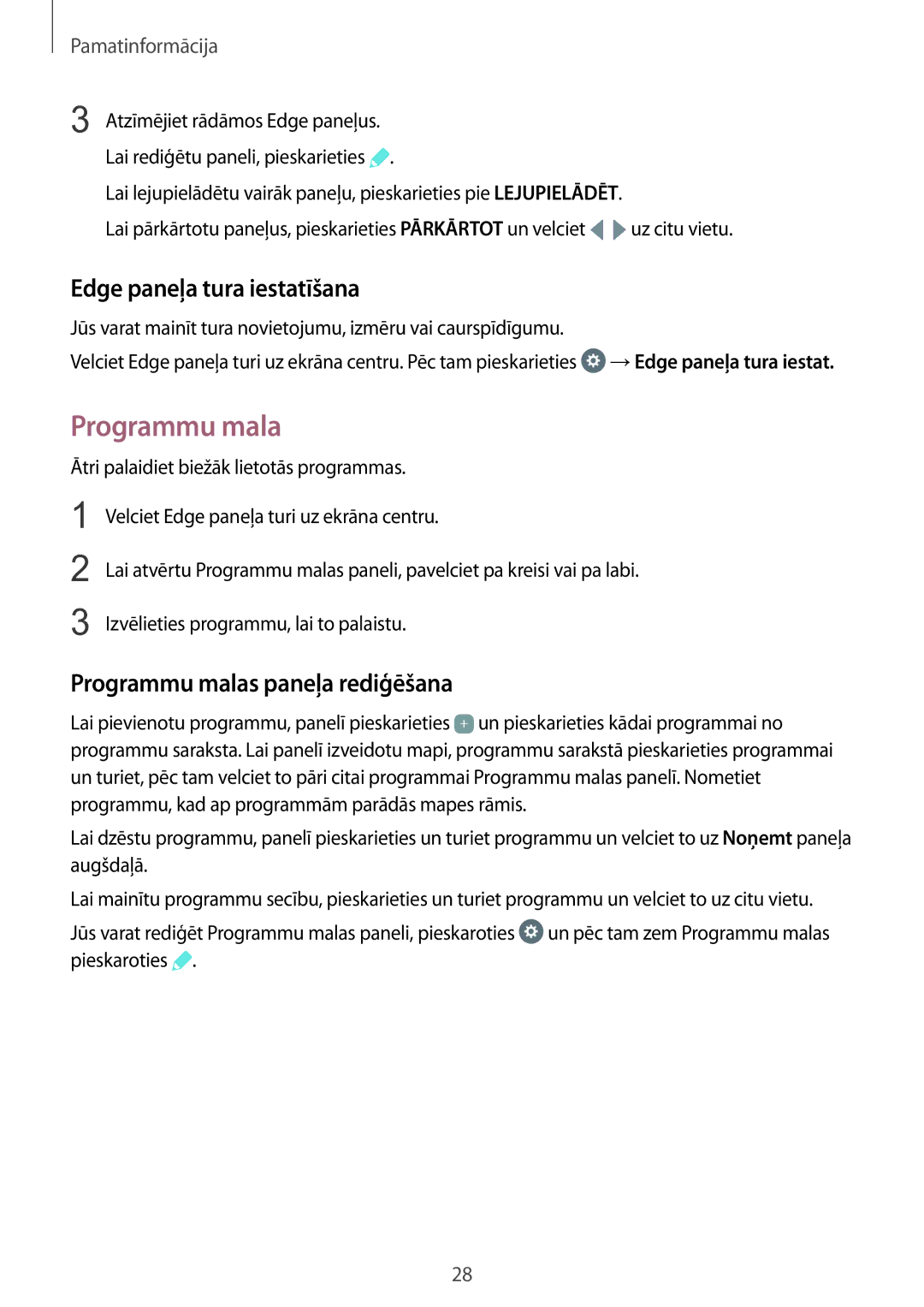 Samsung SM-G925FZKASEB manual Edge paneļa tura iestatīšana, Programmu malas paneļa rediģēšana 