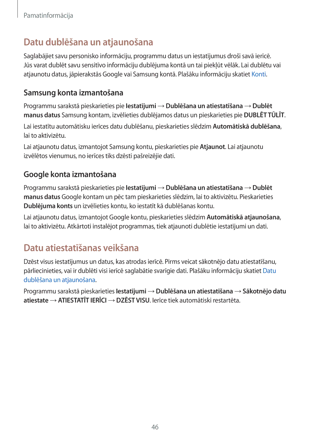 Samsung SM-G925FZKASEB manual Datu dublēšana un atjaunošana, Datu atiestatīšanas veikšana, Samsung konta izmantošana 