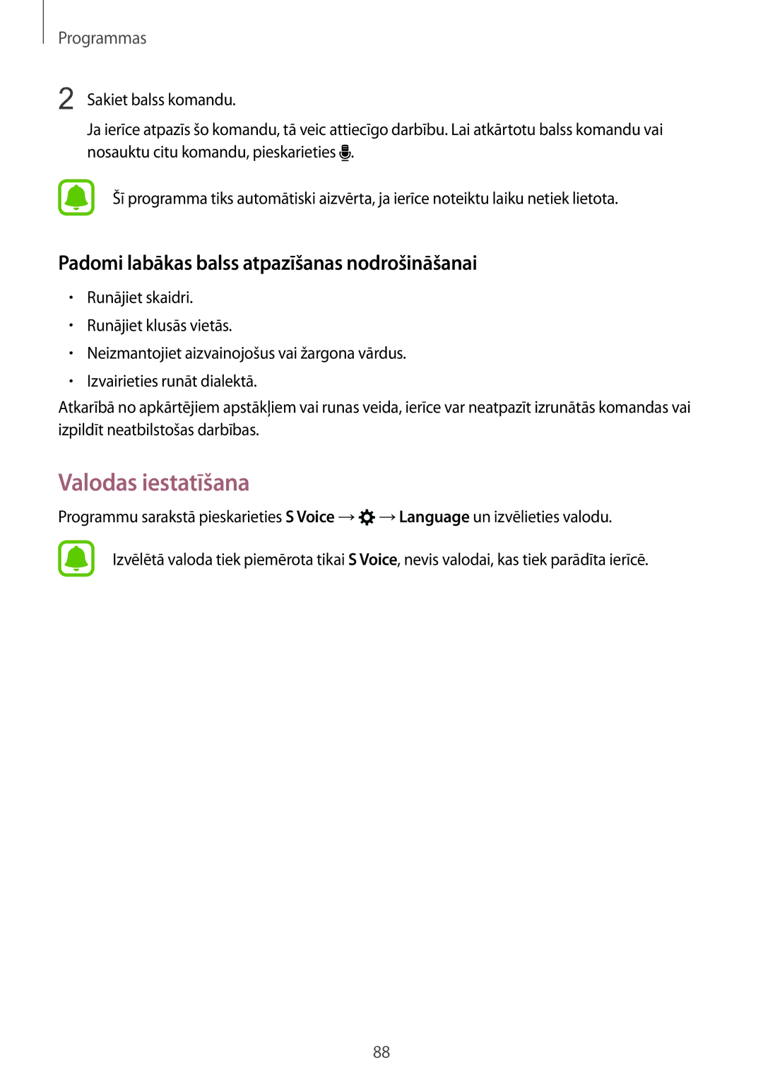Samsung SM-G925FZKASEB manual Valodas iestatīšana, Padomi labākas balss atpazīšanas nodrošināšanai 
