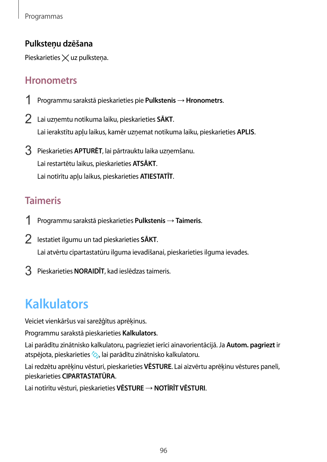 Samsung SM-G925FZKASEB manual Kalkulators, Hronometrs, Taimeris, Pulksteņu dzēšana 