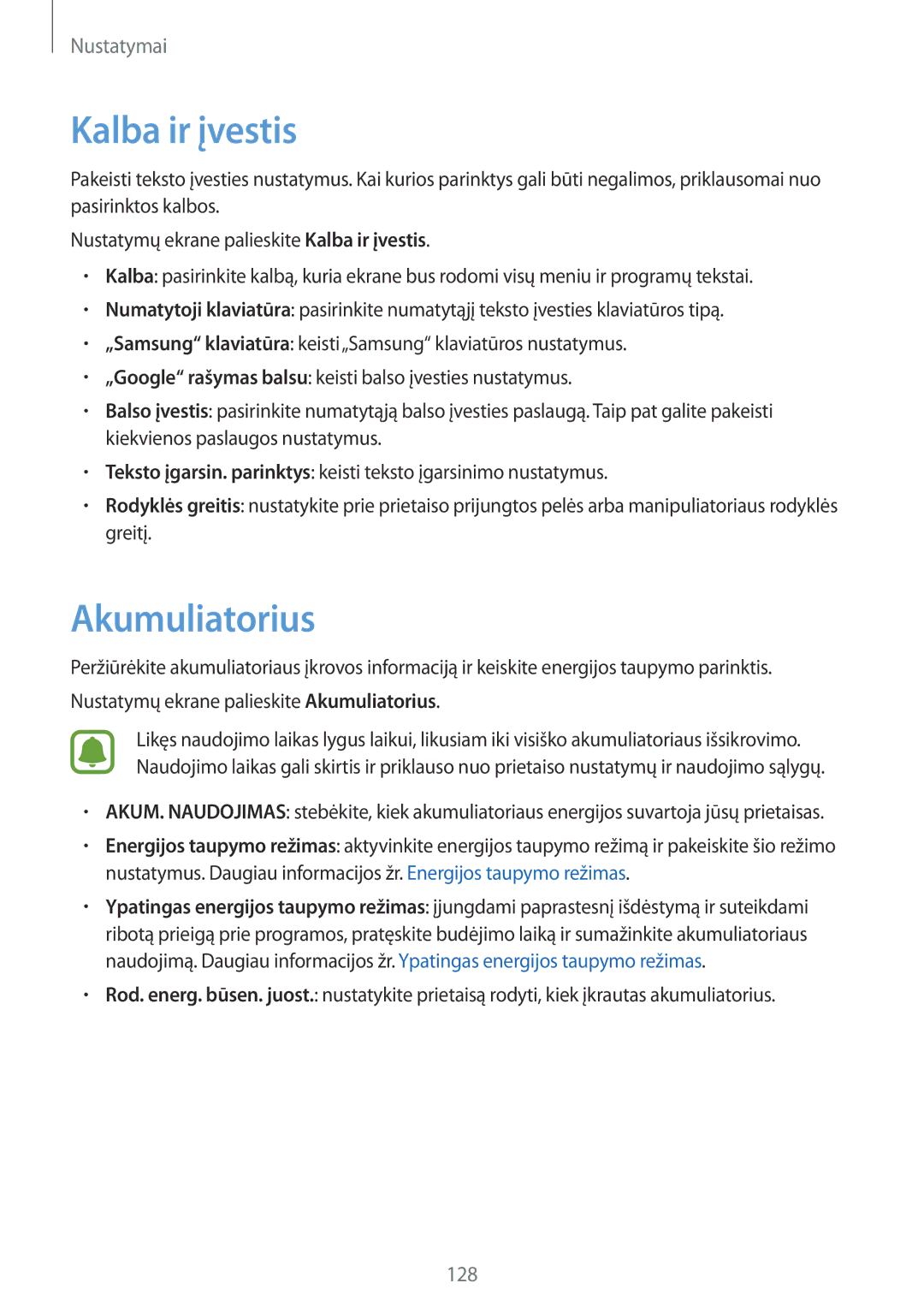 Samsung SM-G925FZKASEB manual Kalba ir įvestis, Akumuliatorius 