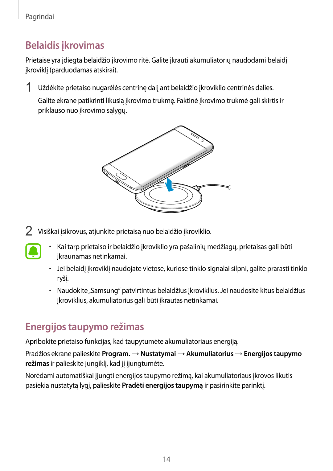 Samsung SM-G925FZKASEB manual Belaidis įkrovimas, Energijos taupymo režimas 