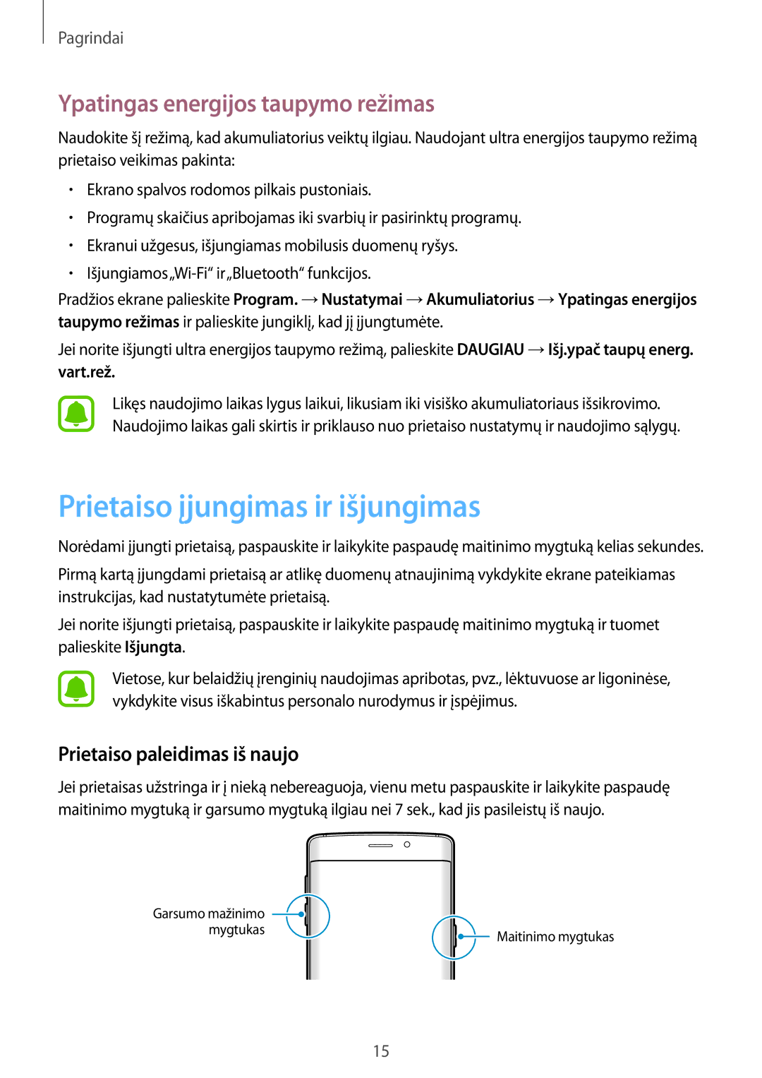 Samsung SM-G925FZKASEB manual Prietaiso įjungimas ir išjungimas, Ypatingas energijos taupymo režimas 