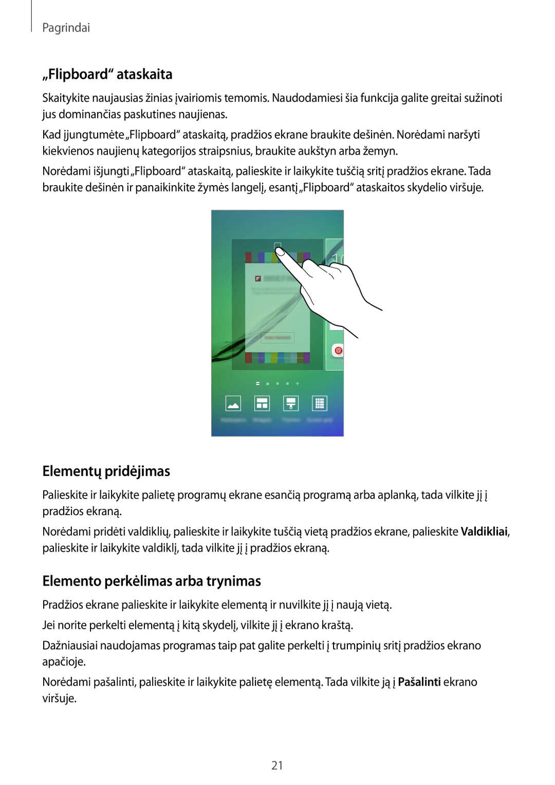 Samsung SM-G925FZKASEB manual „Flipboard ataskaita, Elementų pridėjimas, Elemento perkėlimas arba trynimas 