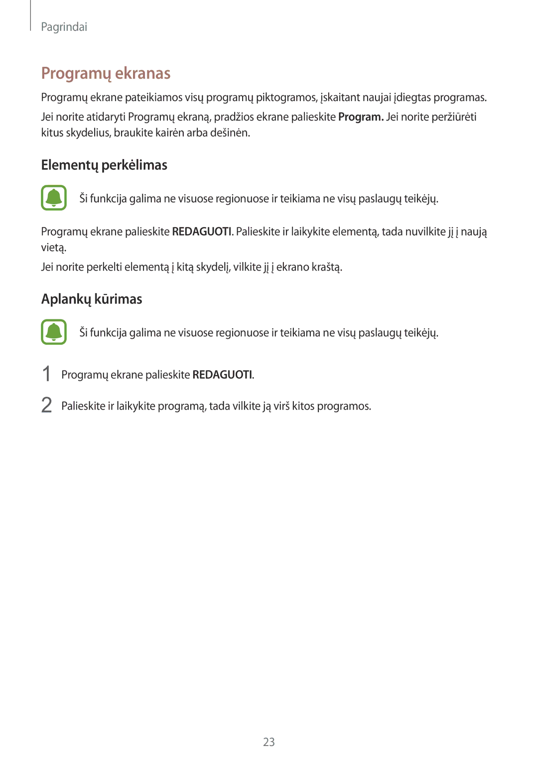 Samsung SM-G925FZKASEB manual Programų ekranas, Elementų perkėlimas 