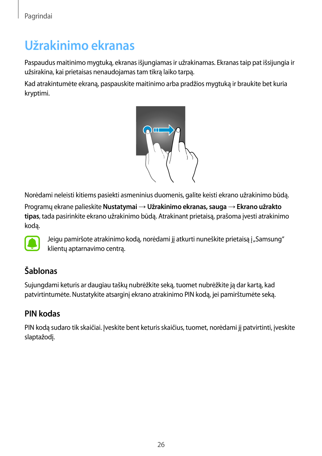 Samsung SM-G925FZKASEB manual Užrakinimo ekranas, Šablonas, PIN kodas 