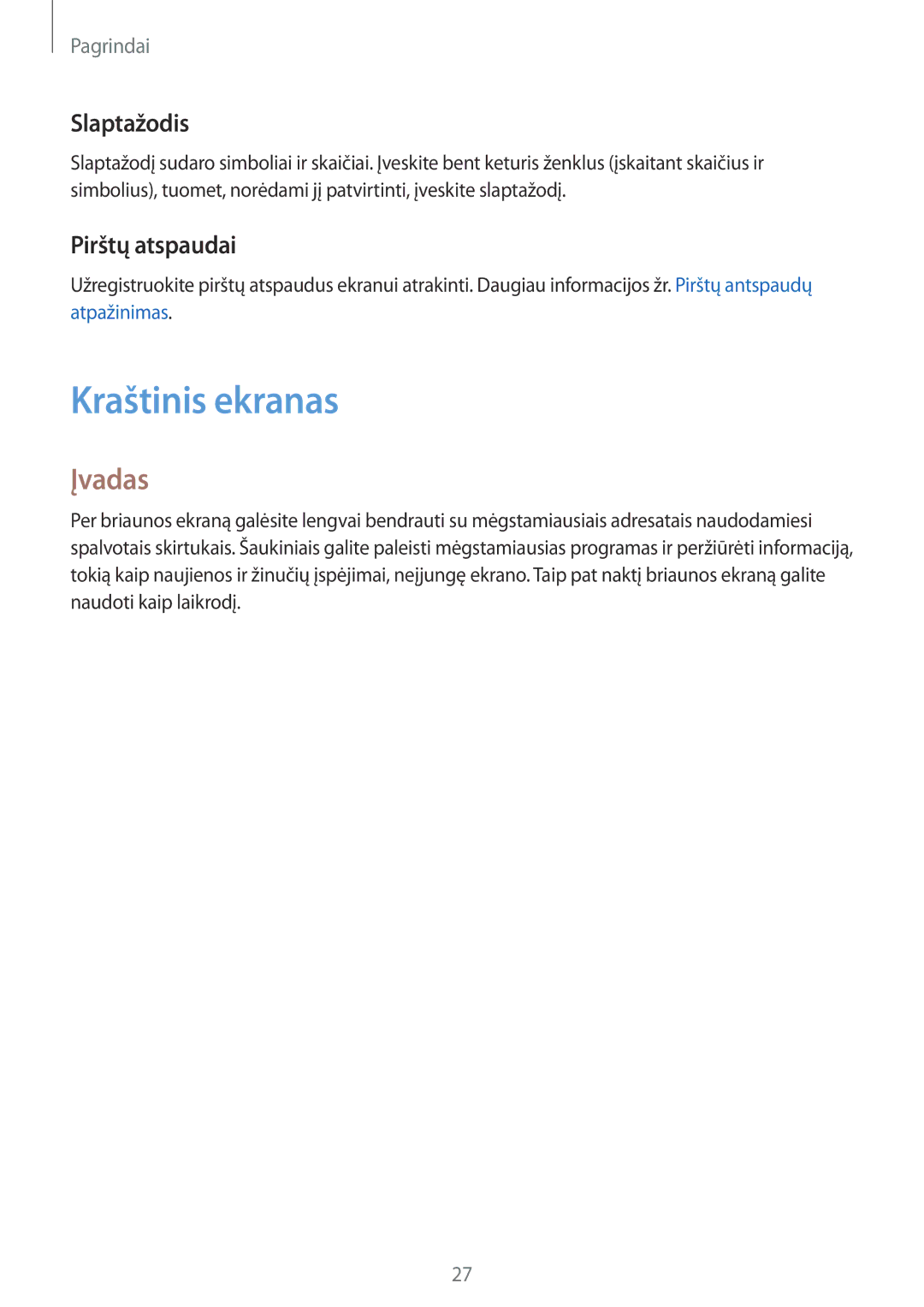 Samsung SM-G925FZKASEB manual Kraštinis ekranas, Įvadas, Slaptažodis, Pirštų atspaudai 