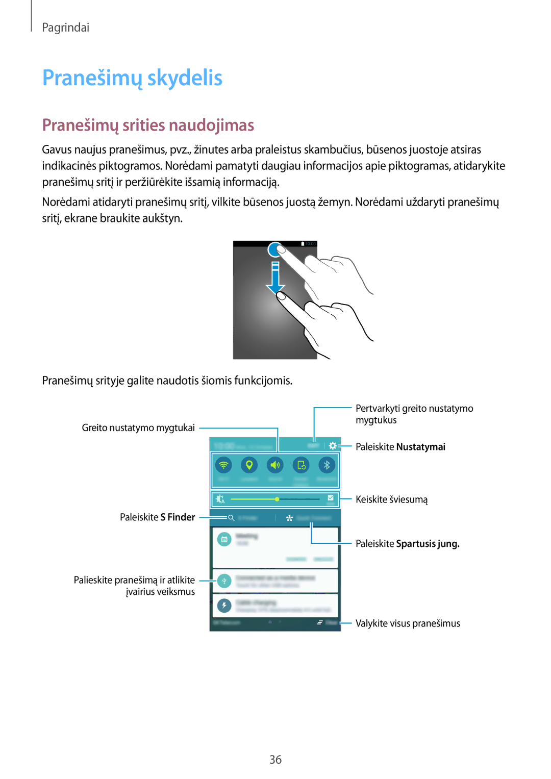 Samsung SM-G925FZKASEB manual Pranešimų skydelis, Pranešimų srities naudojimas 